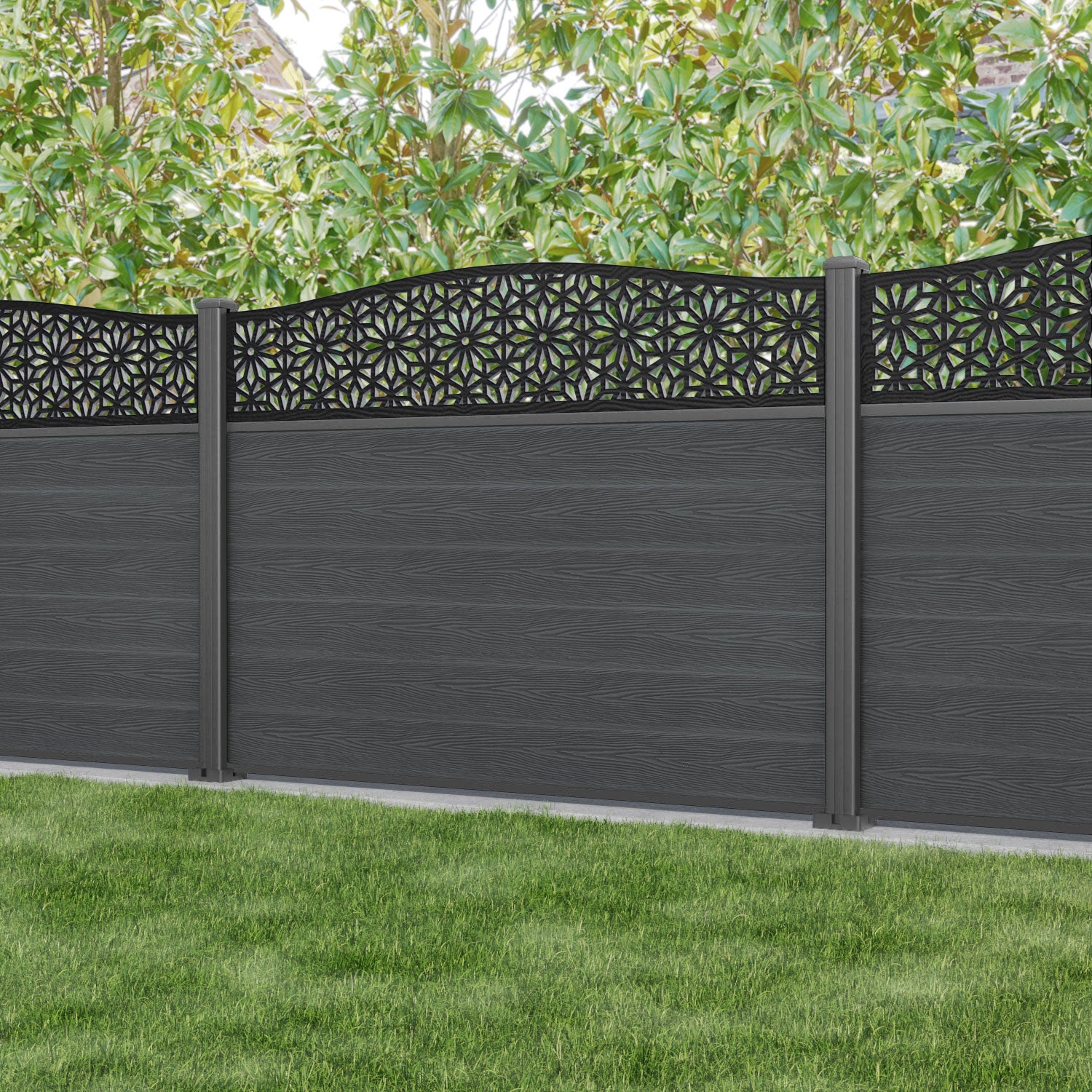 Classic Narwa Curved Top Fence Panel - Dark Grey - with our aluminium posts