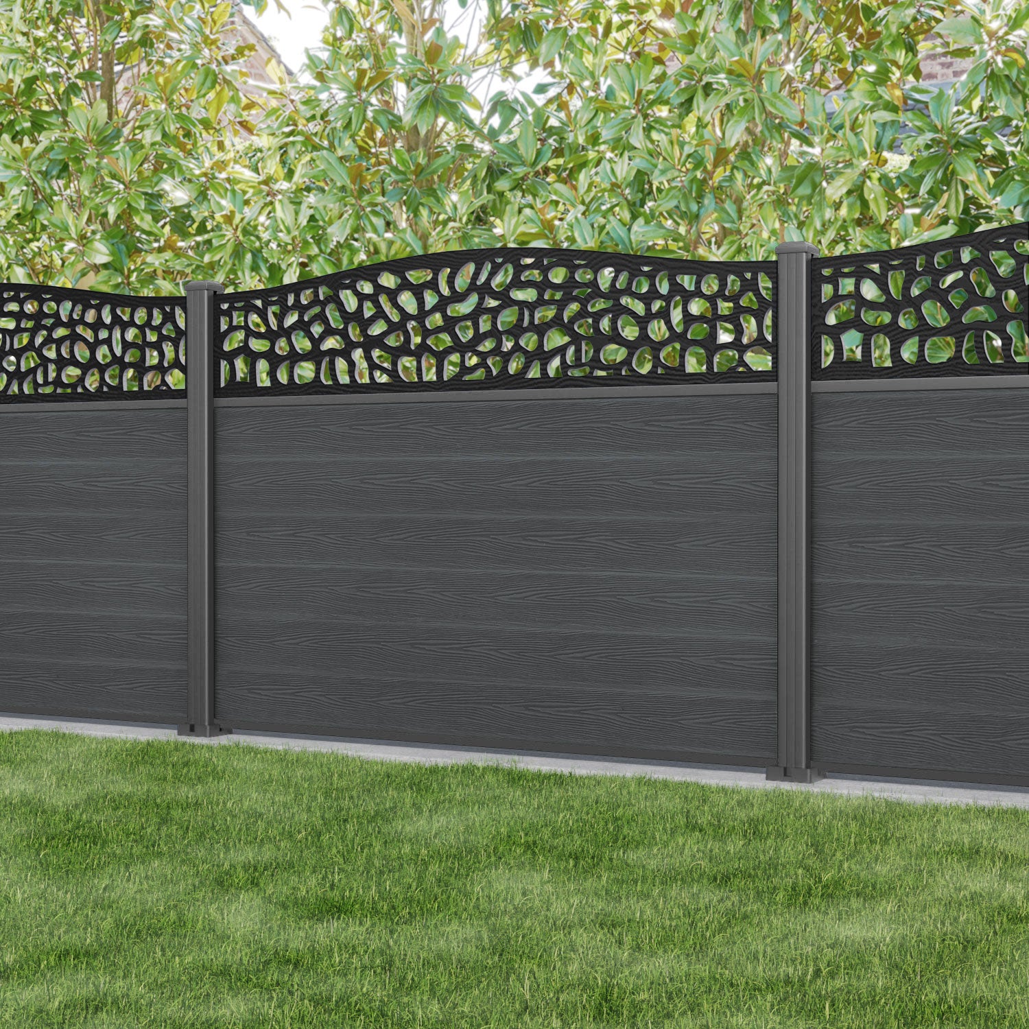 Classic Pebble Curved Top Fence Panel - Dark Grey - with our aluminium posts