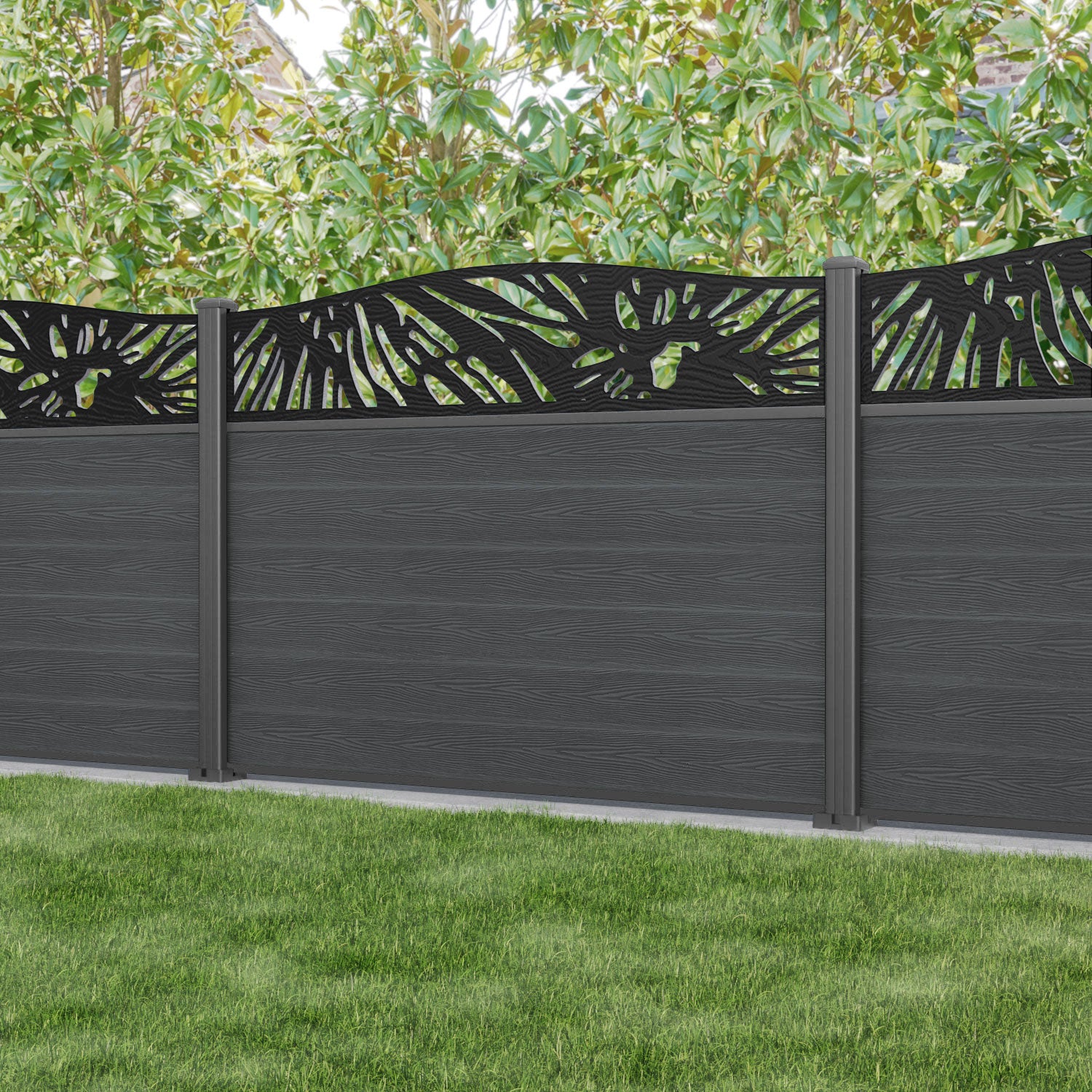 Classic Poppy Curved Top Fence Panel - Dark Grey - with our aluminium posts