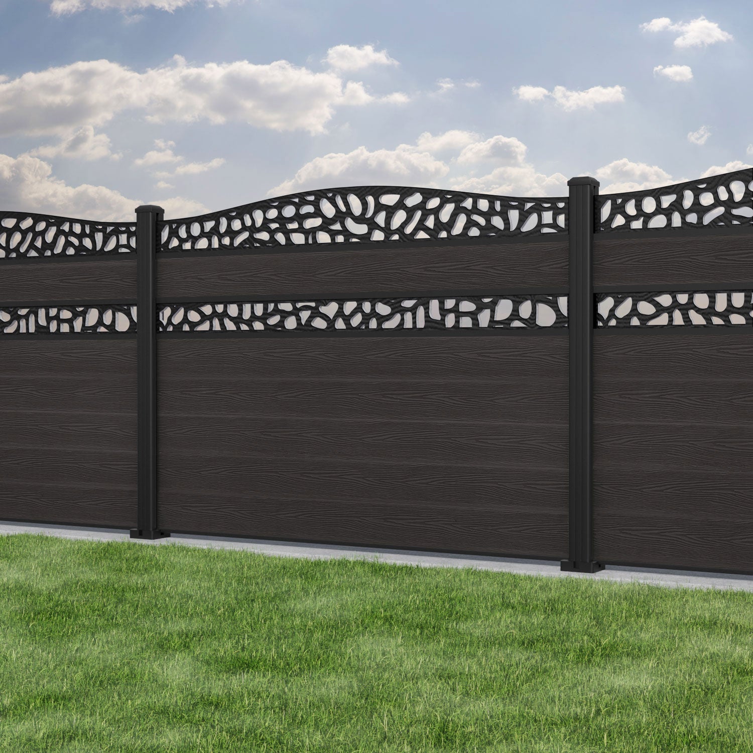 Classic Pebble Curved Top Split Screen Fence Panel - Dark Oak - with our aluminium posts