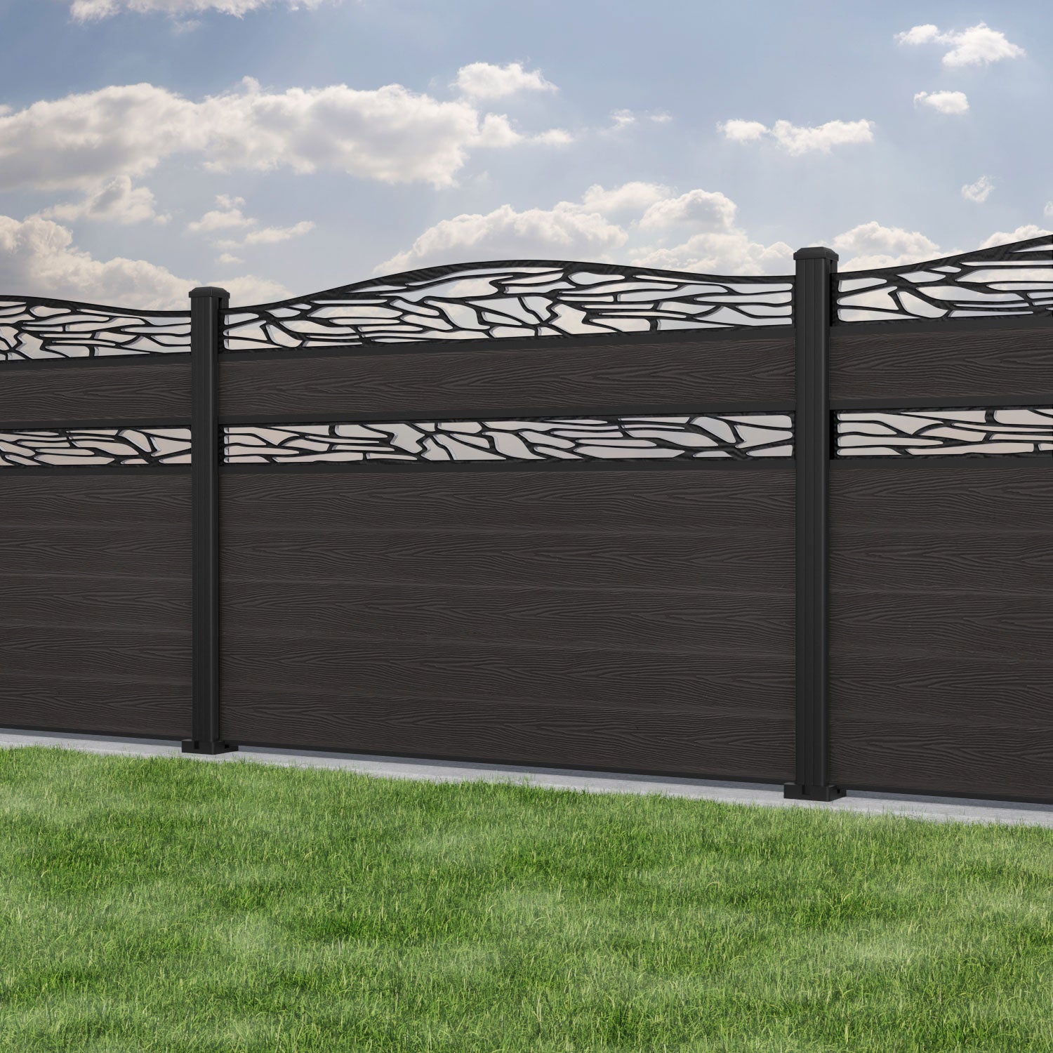 Classic Shatter Curved Top Split Screen Fence Panel - Dark Oak - with our aluminium posts