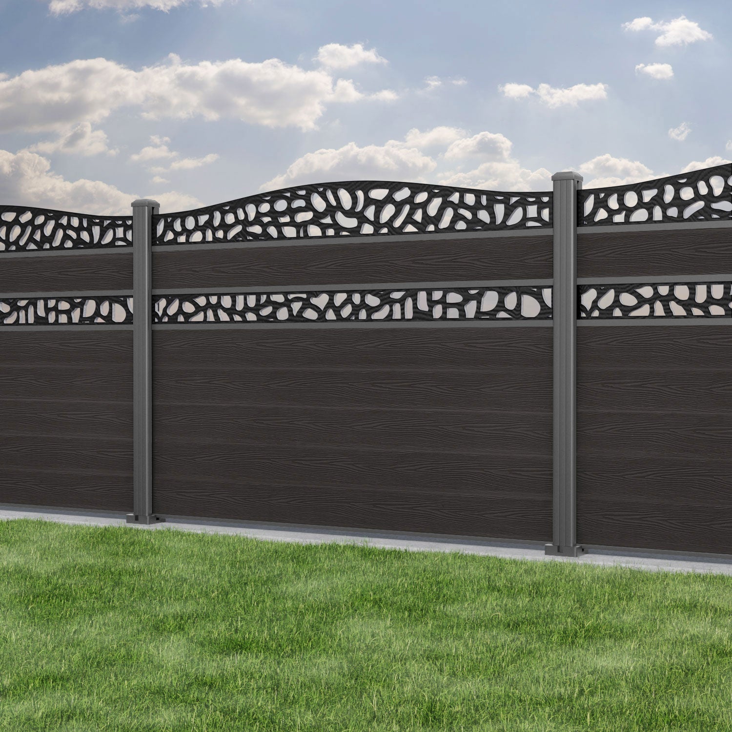 Classic Pebble Curved Top Split Screen Fence Panel - Dark Oak - with our aluminium posts