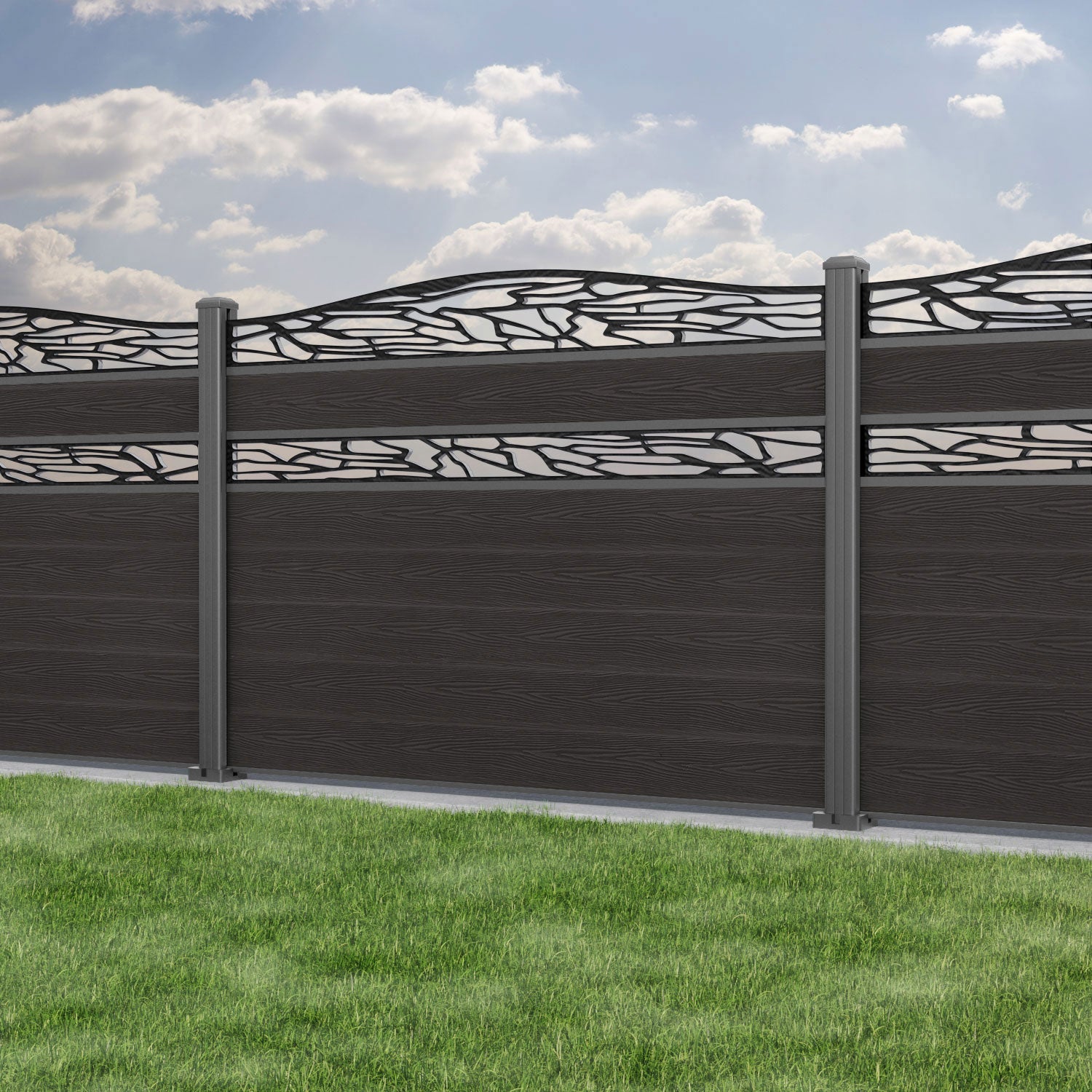 Classic Shatter Curved Top Split Screen Fence Panel - Dark Oak - with our aluminium posts