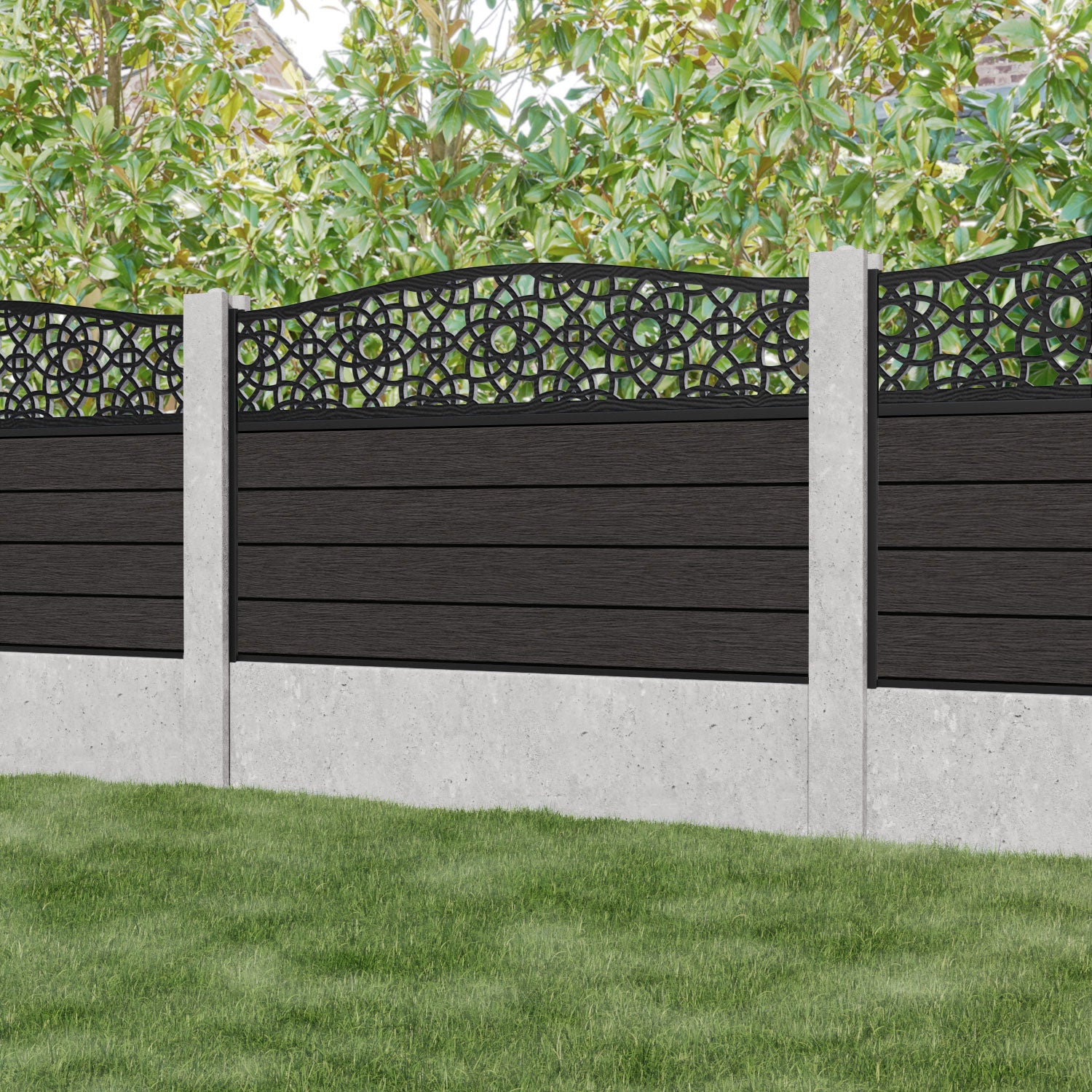 Fusion Ambar Curved Top Fence Panel - Dark Oak - for existing concrete posts