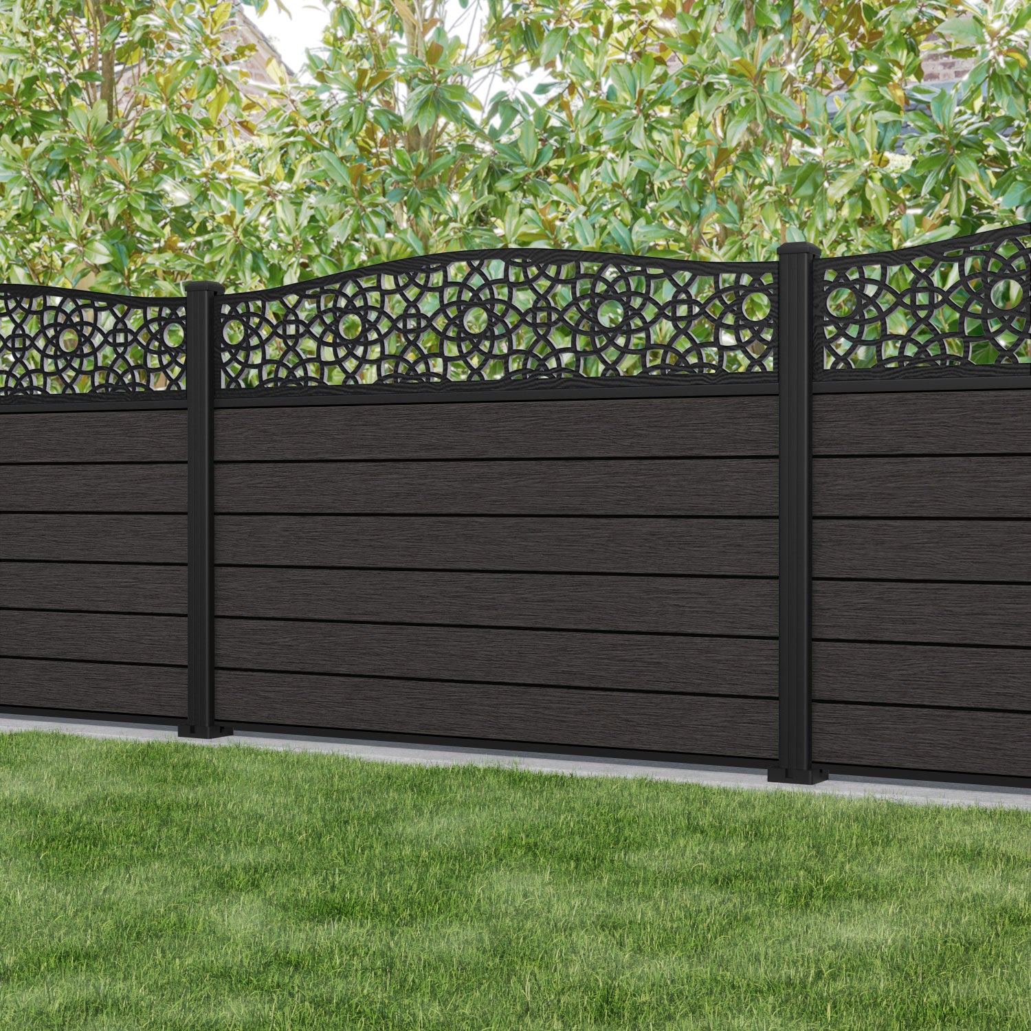 Fusion Ambar Curved Top Fence Panel - Dark Oak - with our aluminium posts