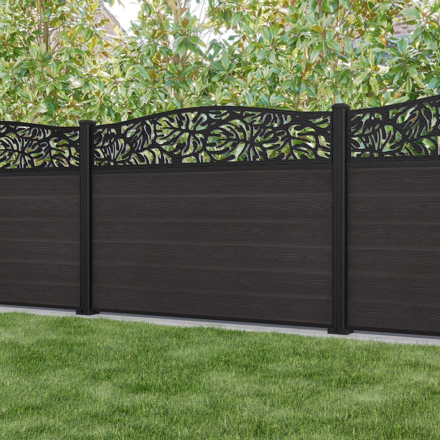 Classic Botanic Curved Top Fence Panel - Dark Oak - with our aluminium posts