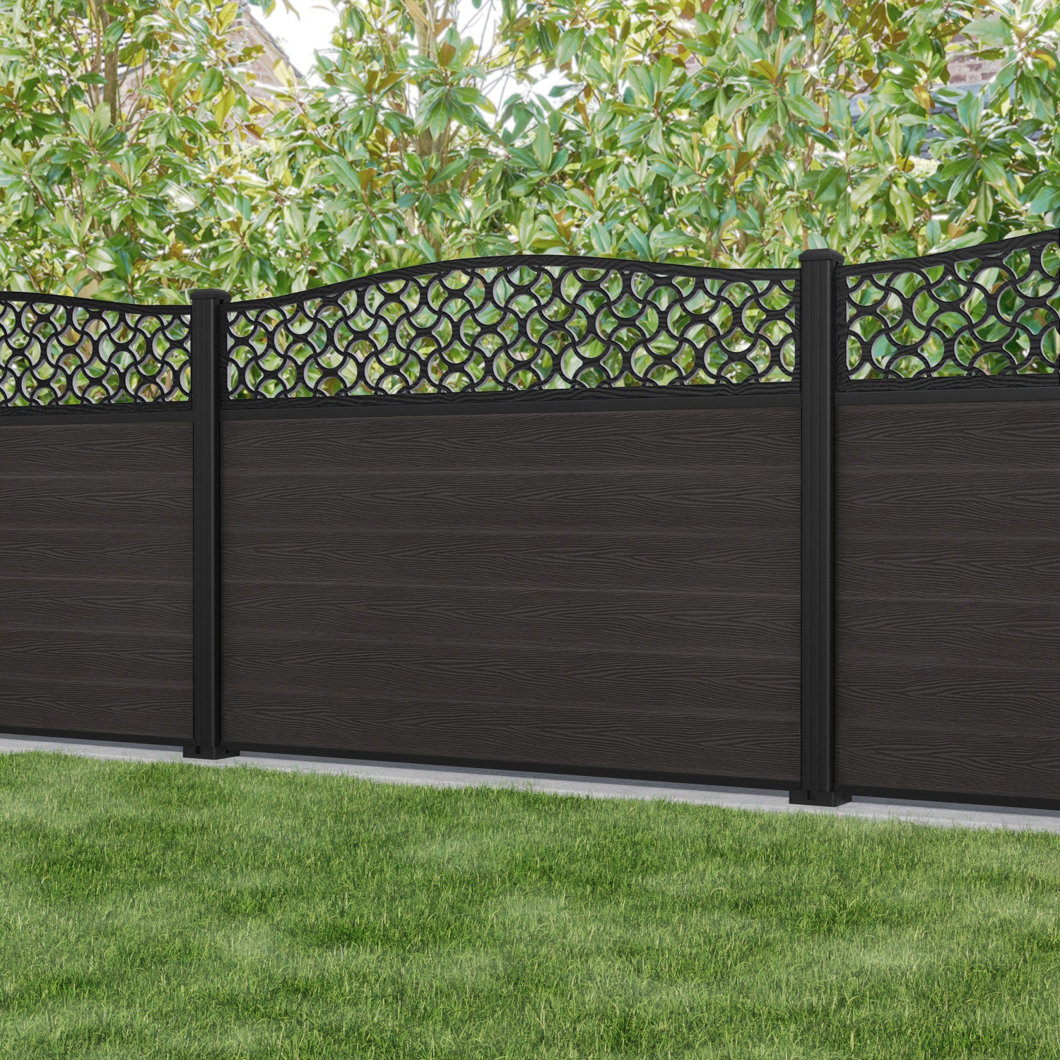 Fusion Vida Curved Top Fence Panel - Dark Oak - with our aluminium posts