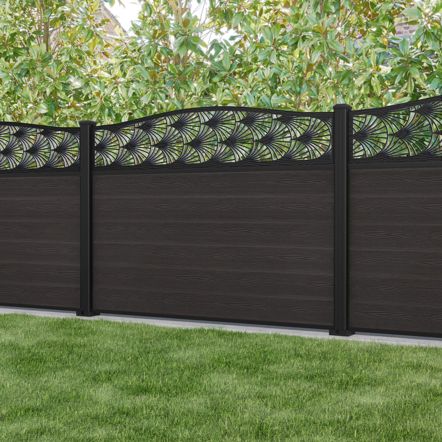 Classic Laurel Curved Top Fence Panel - Dark Oak - with our aluminium posts
