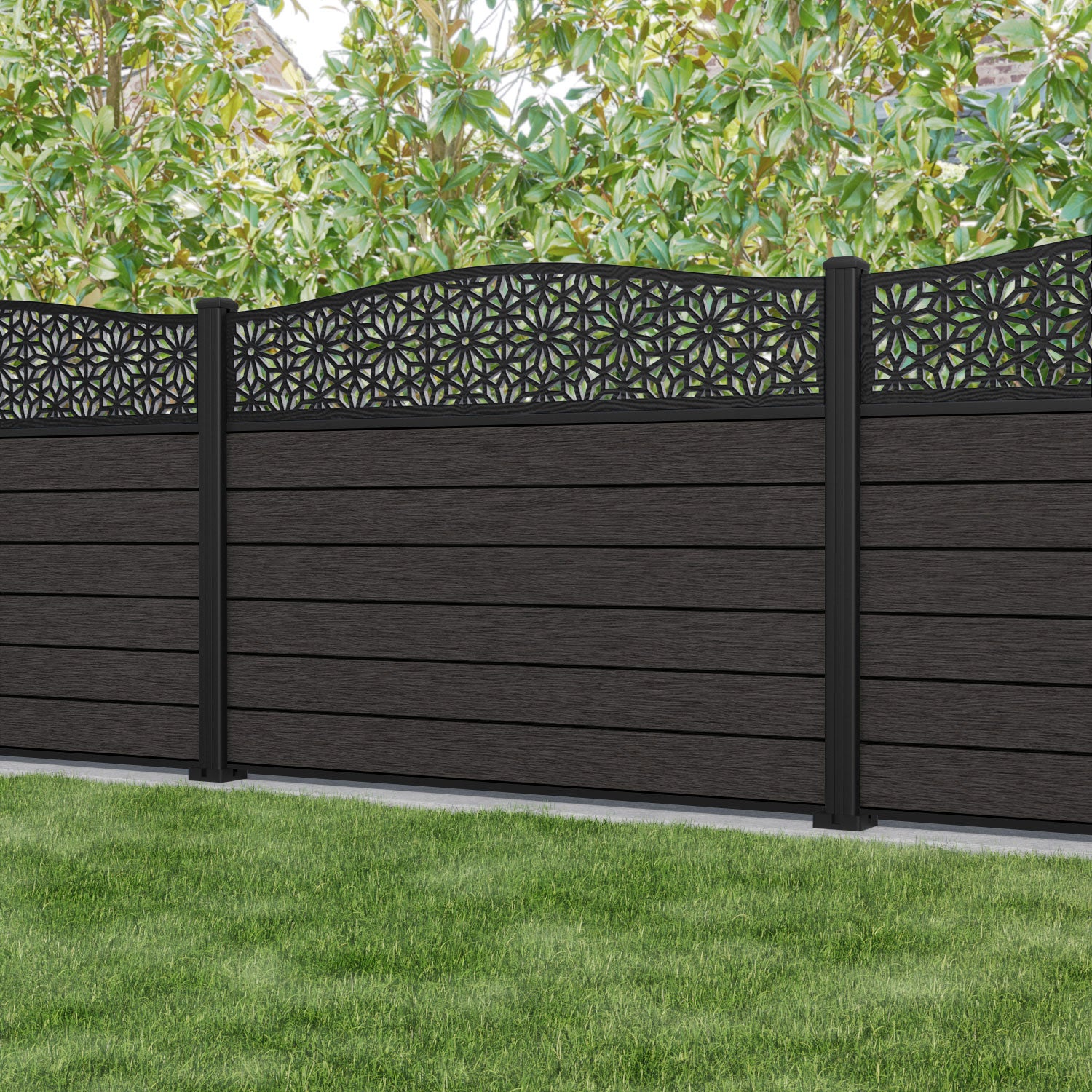 Fusion Narwa Curved Top Fence Panel - Dark Oak - with our aluminium posts