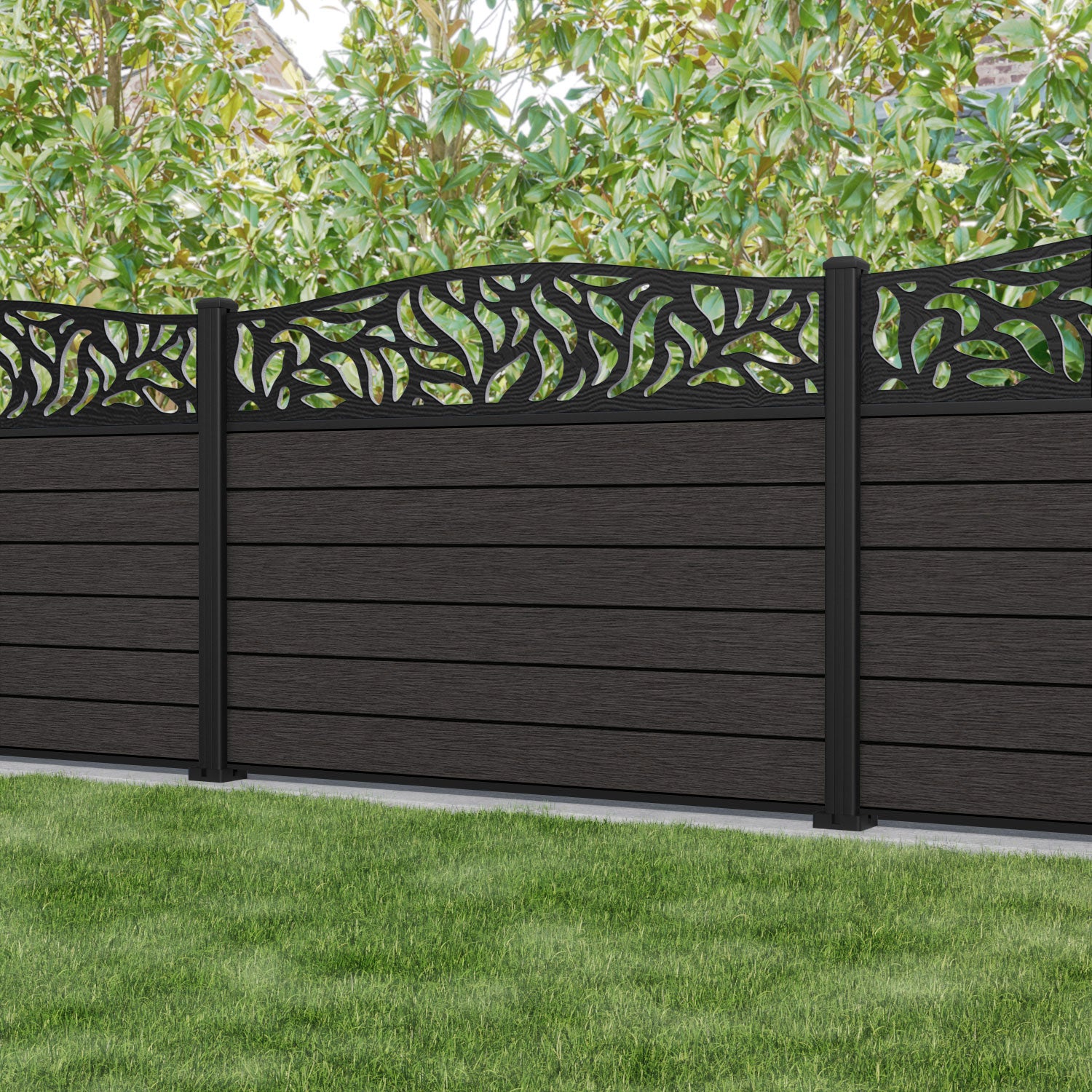 Fusion Plume Curved Top Fence Panel - Dark Oak - with our aluminium posts