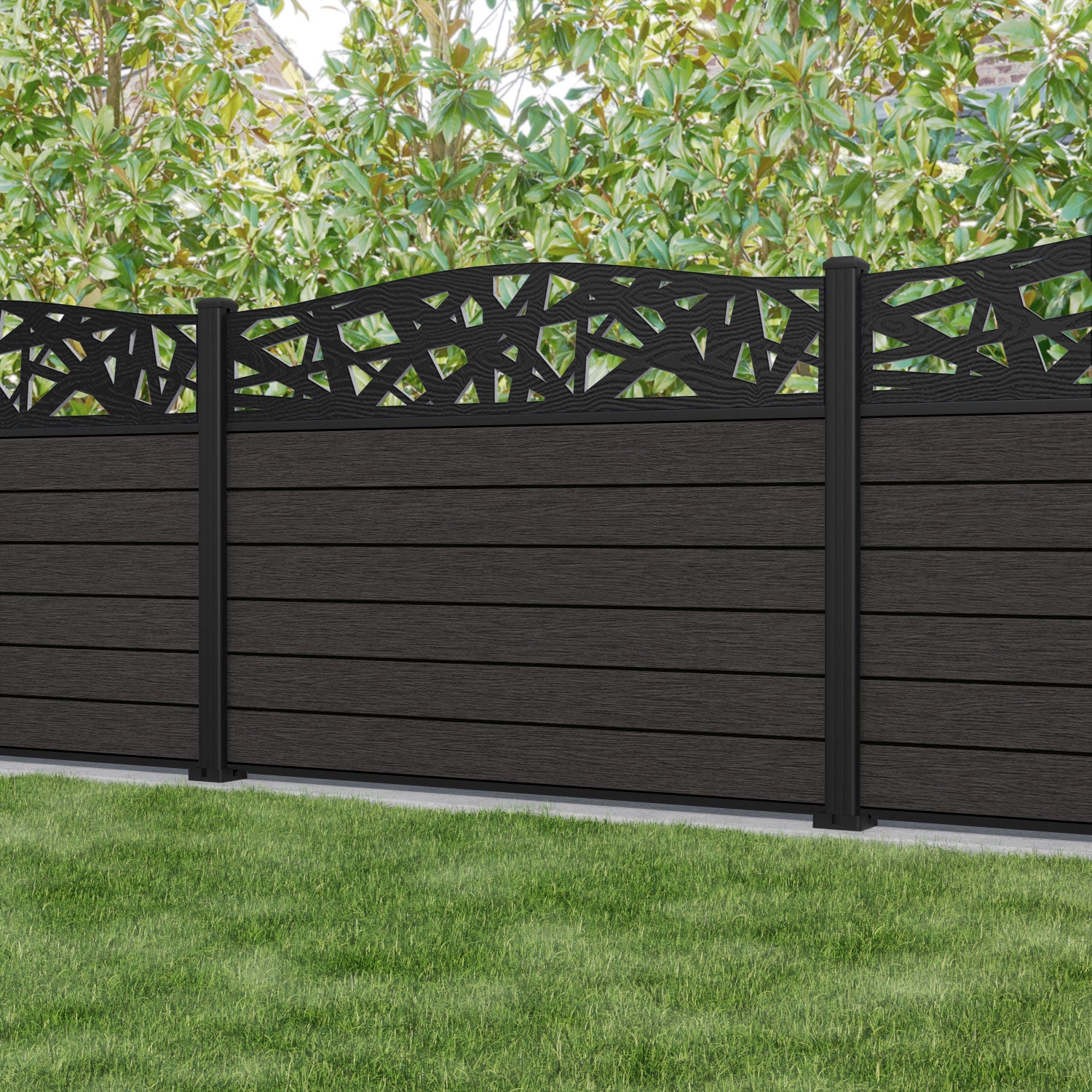 Fusion Prism Curved Top Fence Panel - Dark Oak - with our aluminium posts