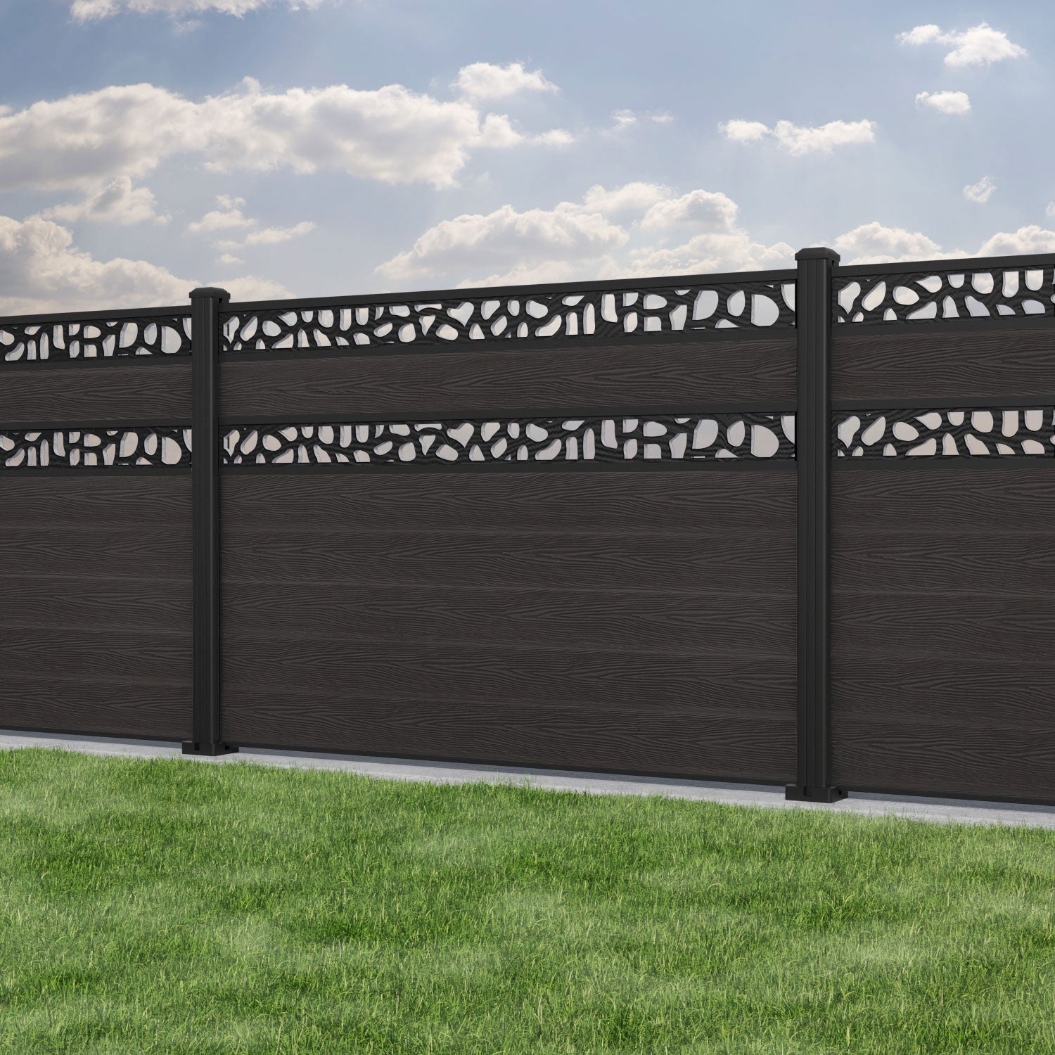 Classic Pebble Split Screen Fence Panel - Dark Oak - with our aluminium posts