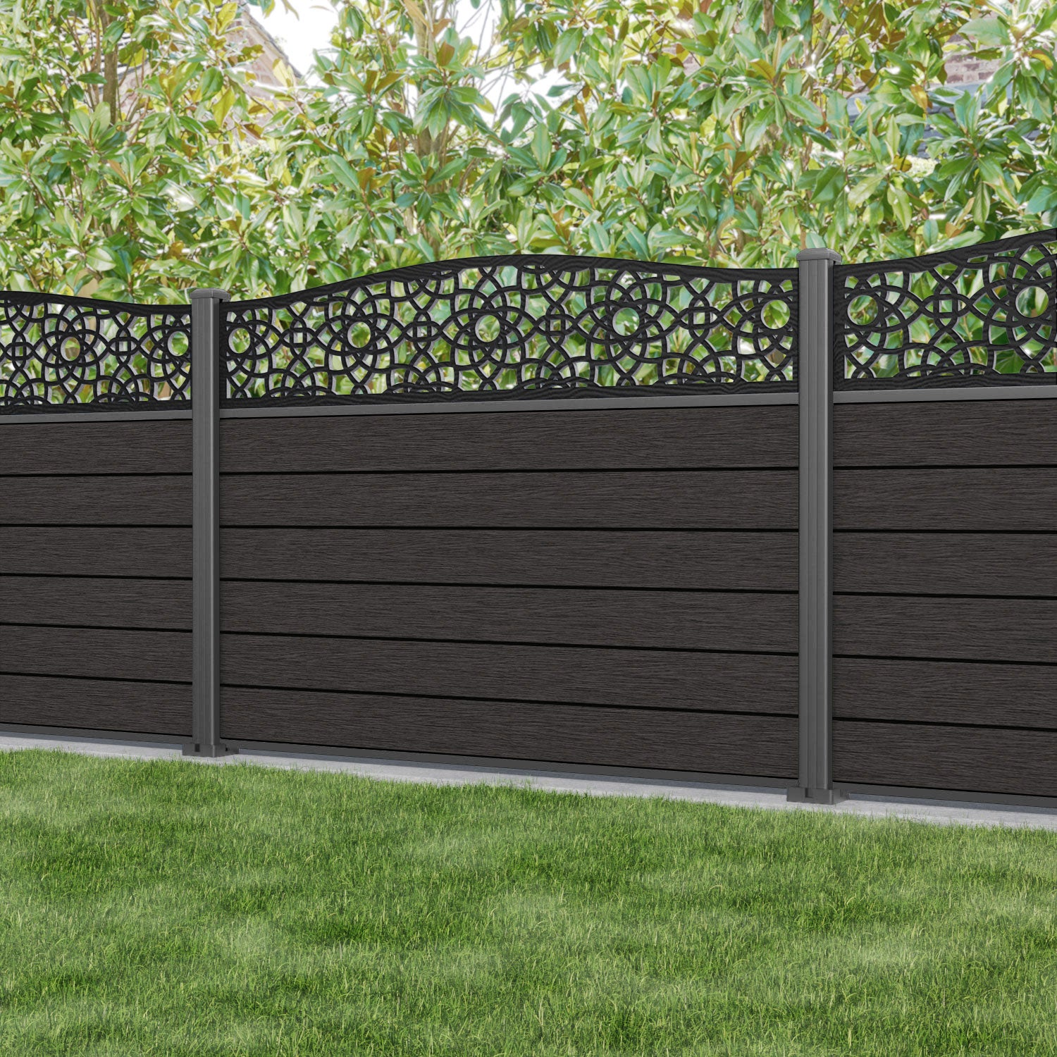 Fusion Ambar Curved Top Fence Panel - Dark Oak - with our aluminium posts