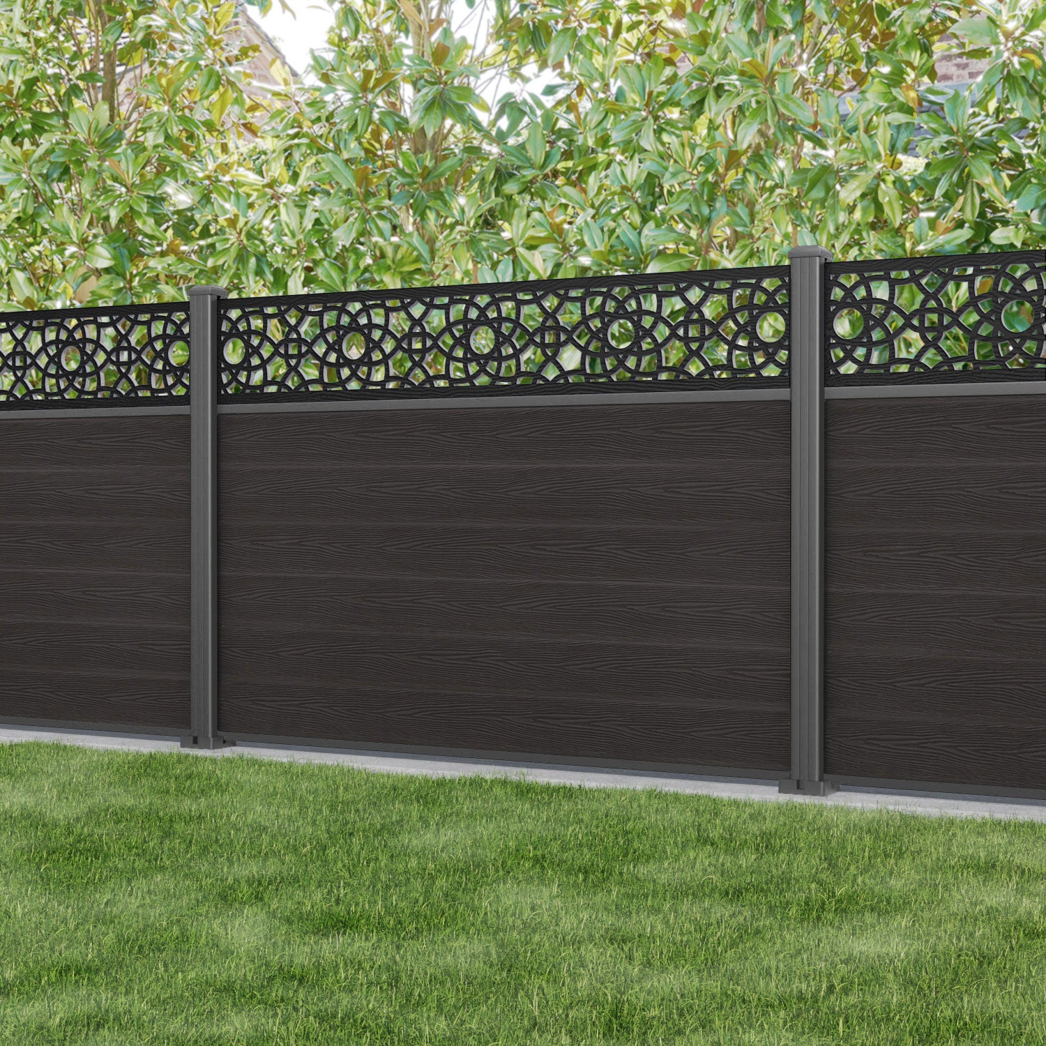 Classic Ambar Fence Panel - Dark Oak - with our aluminium posts