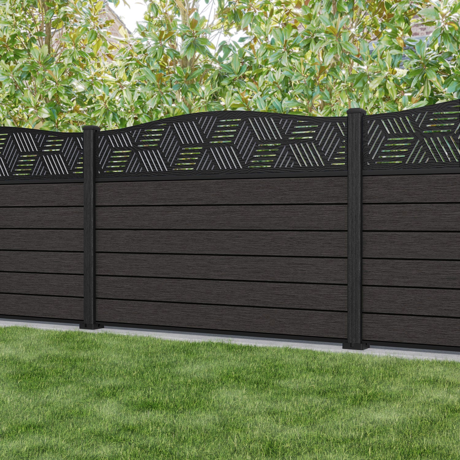 Fusion Cubed Curved Top Fence Panel - Dark Oak - with our composite posts