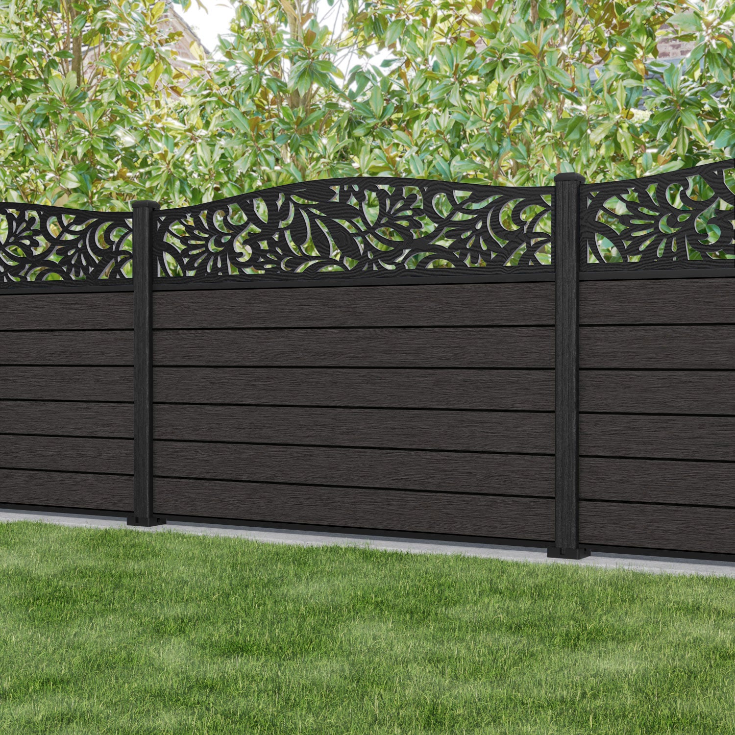 Fusion Heritage Curved Top Fence Panel - Dark Oak - with our composite posts