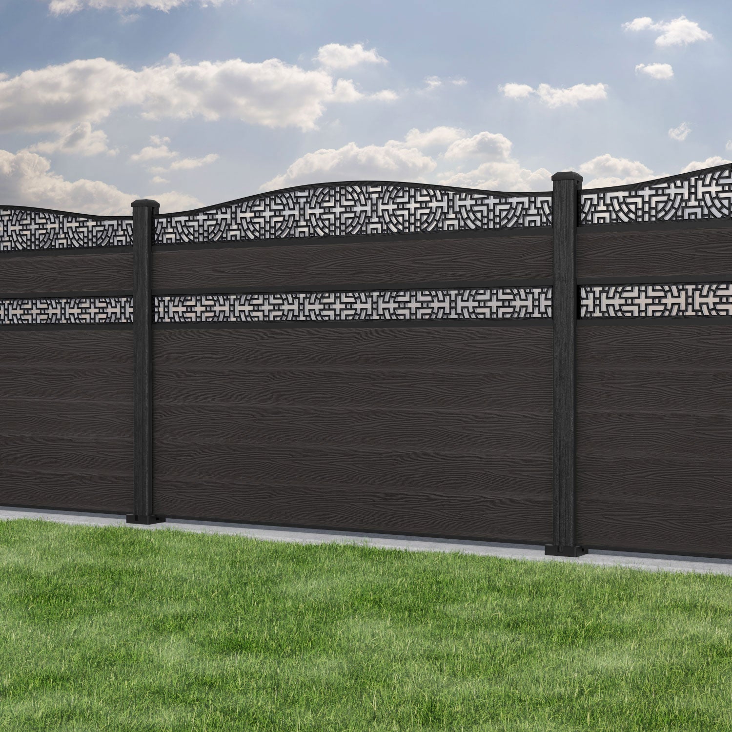 Classic Kumo Curved Top Split Screen Fence Panel - Dark Oak - with our composite posts