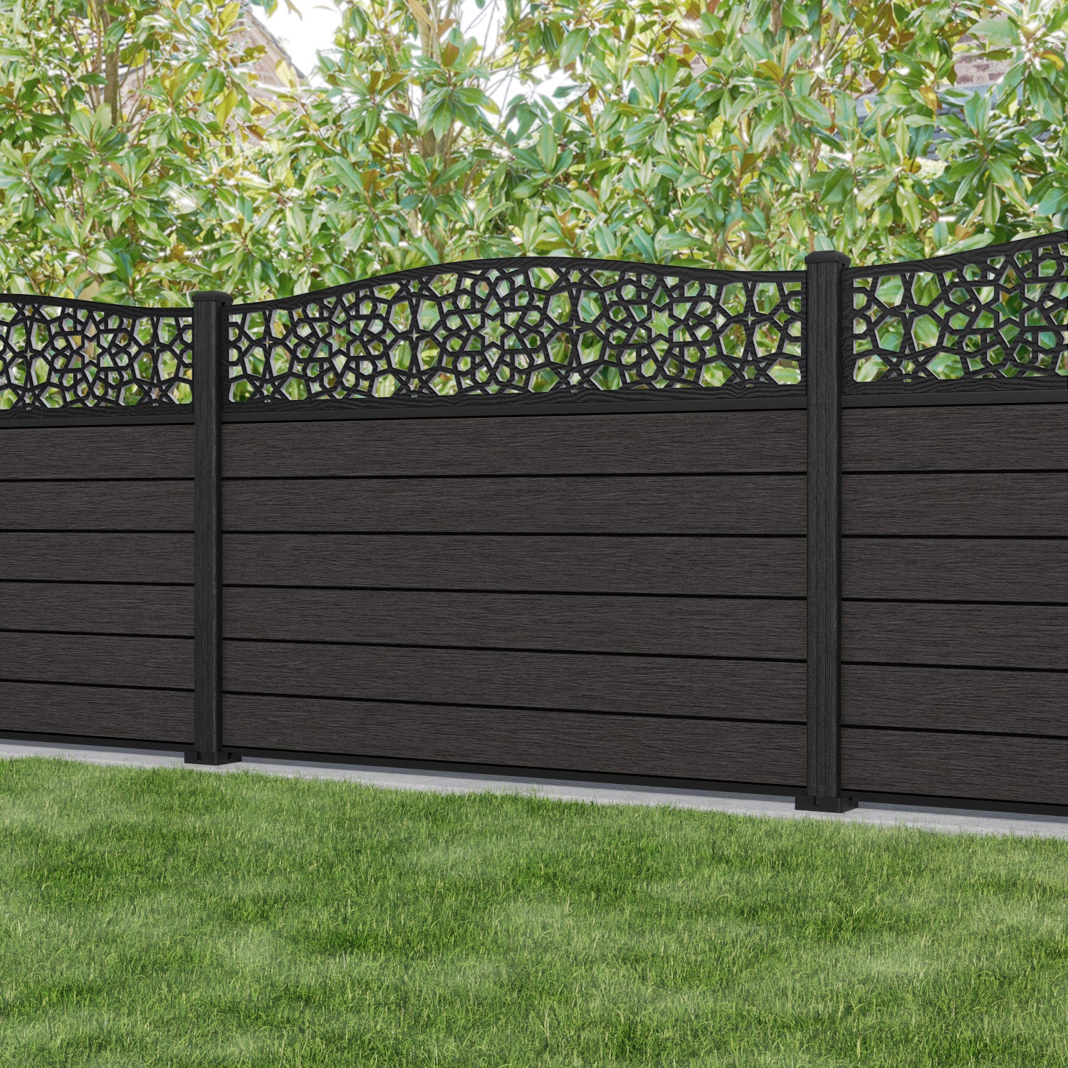 Fusion Nazira Curved Top Fence Panel - Dark Oak - with our composite posts