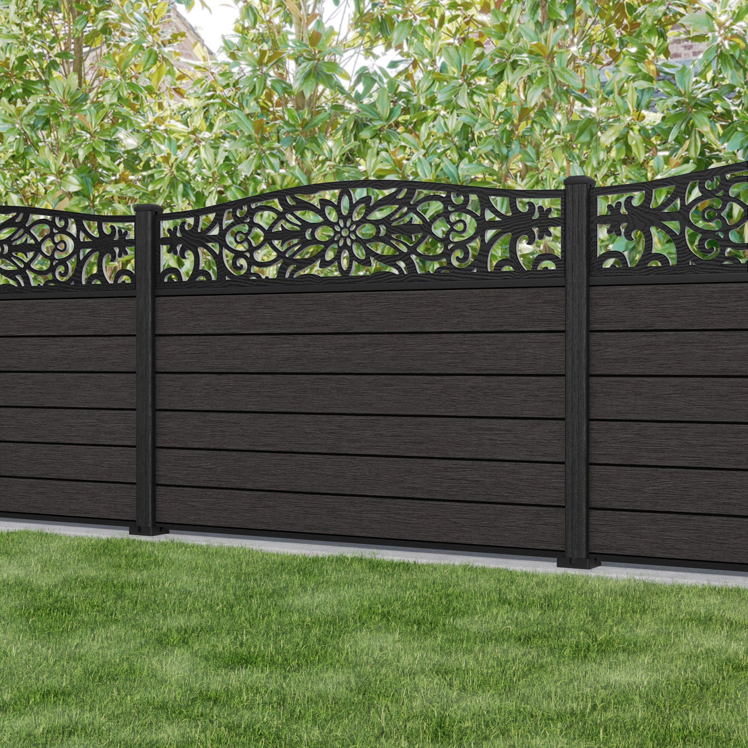 Fusion Windsor Curved Top Fence Panel - Dark Oak - with our composite posts