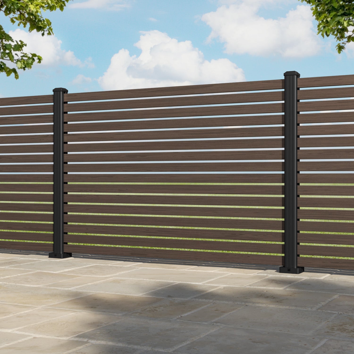 Aria Aluminium Fence Panel - Dark Oak - with our aluminium posts