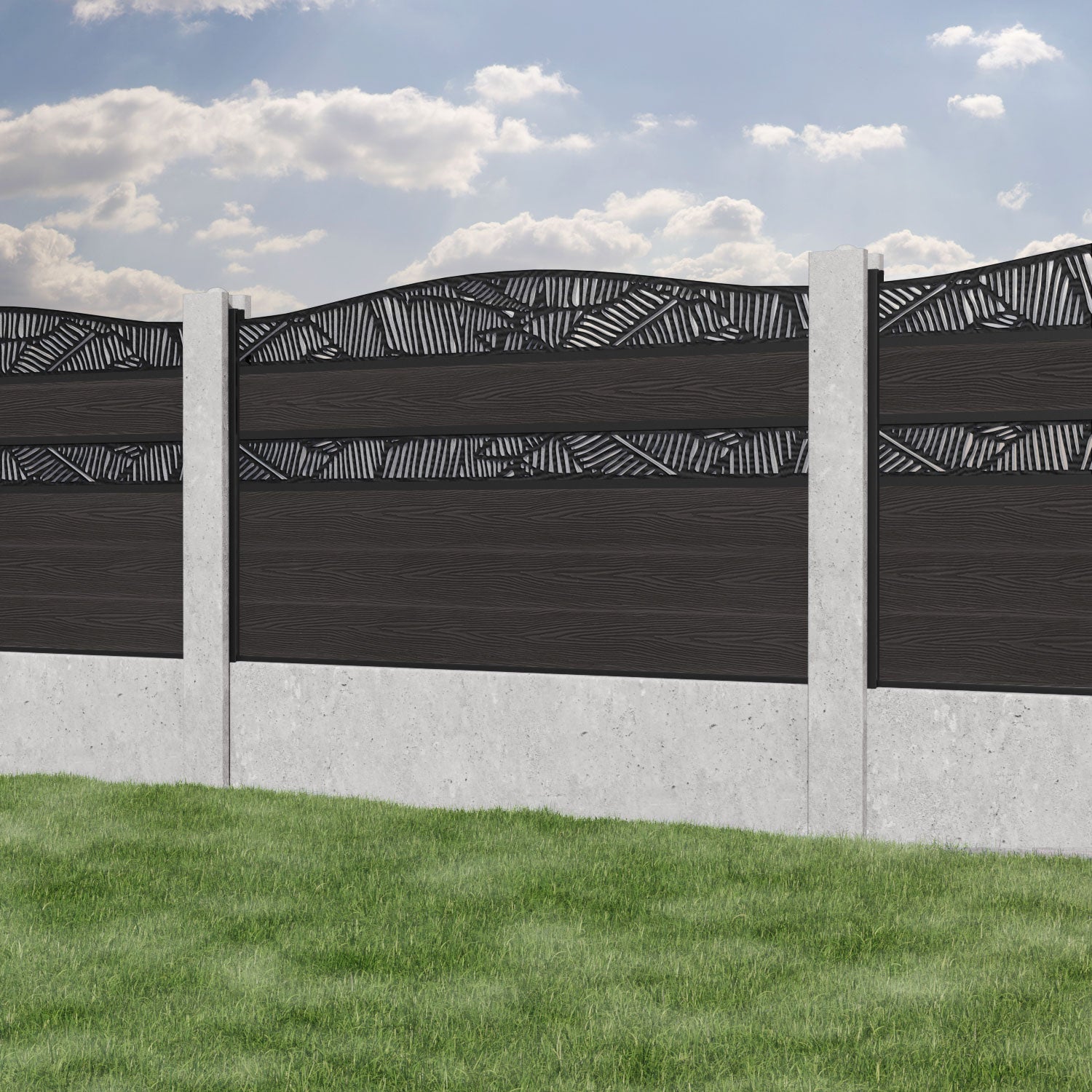 Classic Feather Curved Top Split Screen Fence Panel - Dark Oak - for existing concrete posts