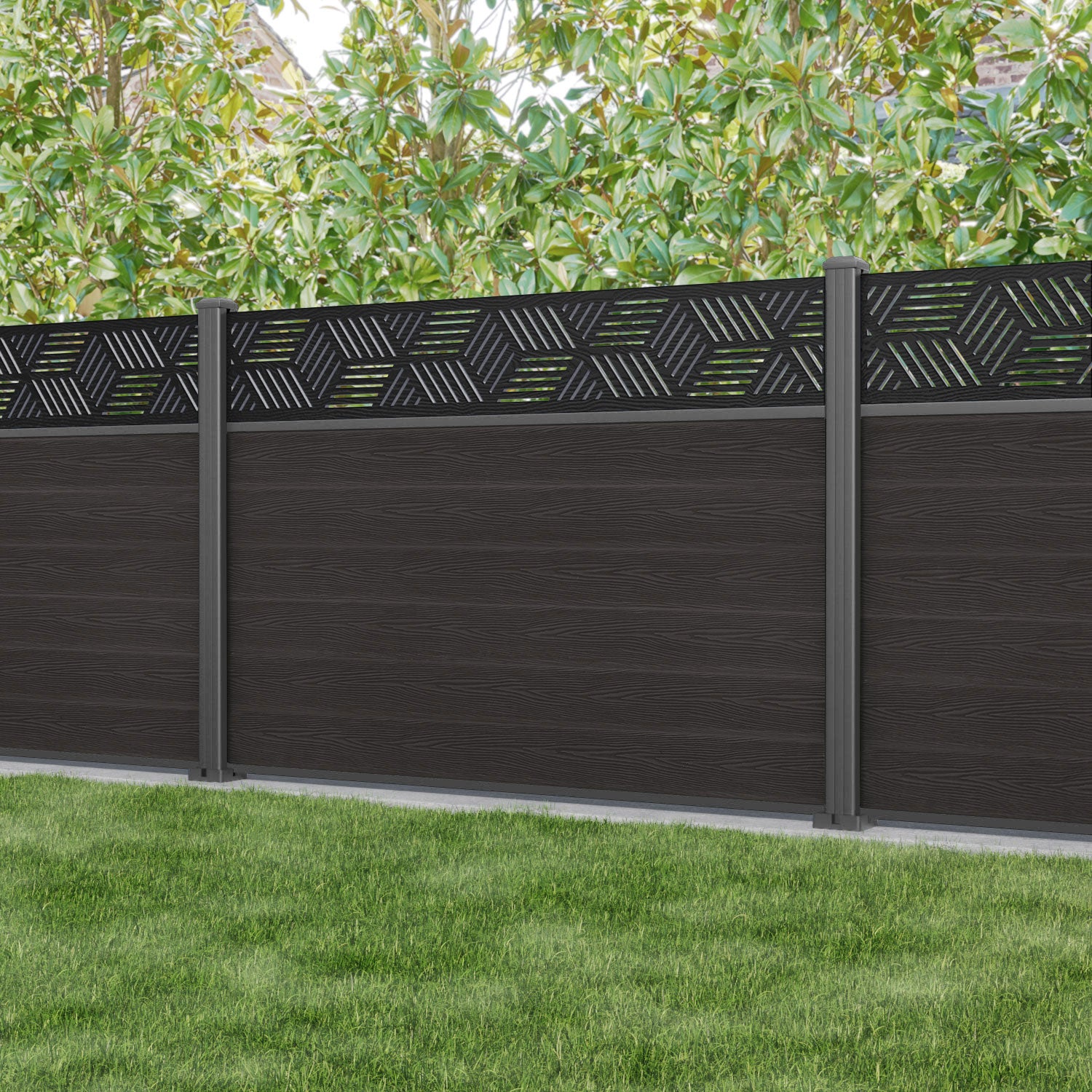 Classic Cubed Fence Panel - Dark Oak - with our aluminium posts