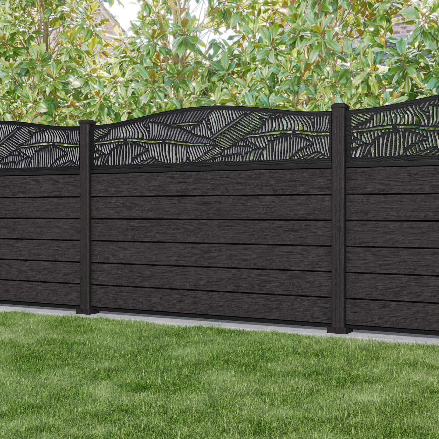 Fusion Feather Curved Top Fence Panel - Dark Oak - with our composite posts