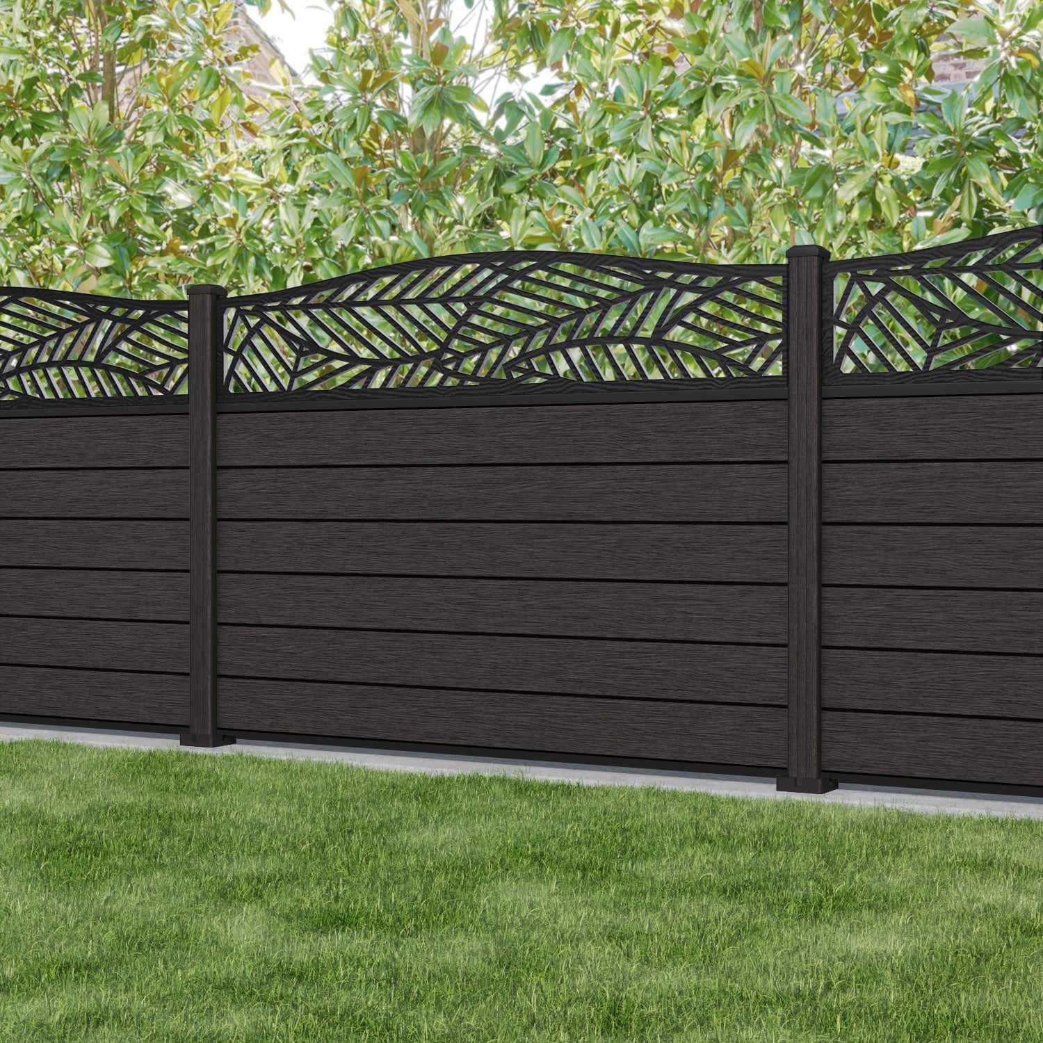 Fusion Habitat Curved Top Fence Panel - Dark Oak - with our composite posts