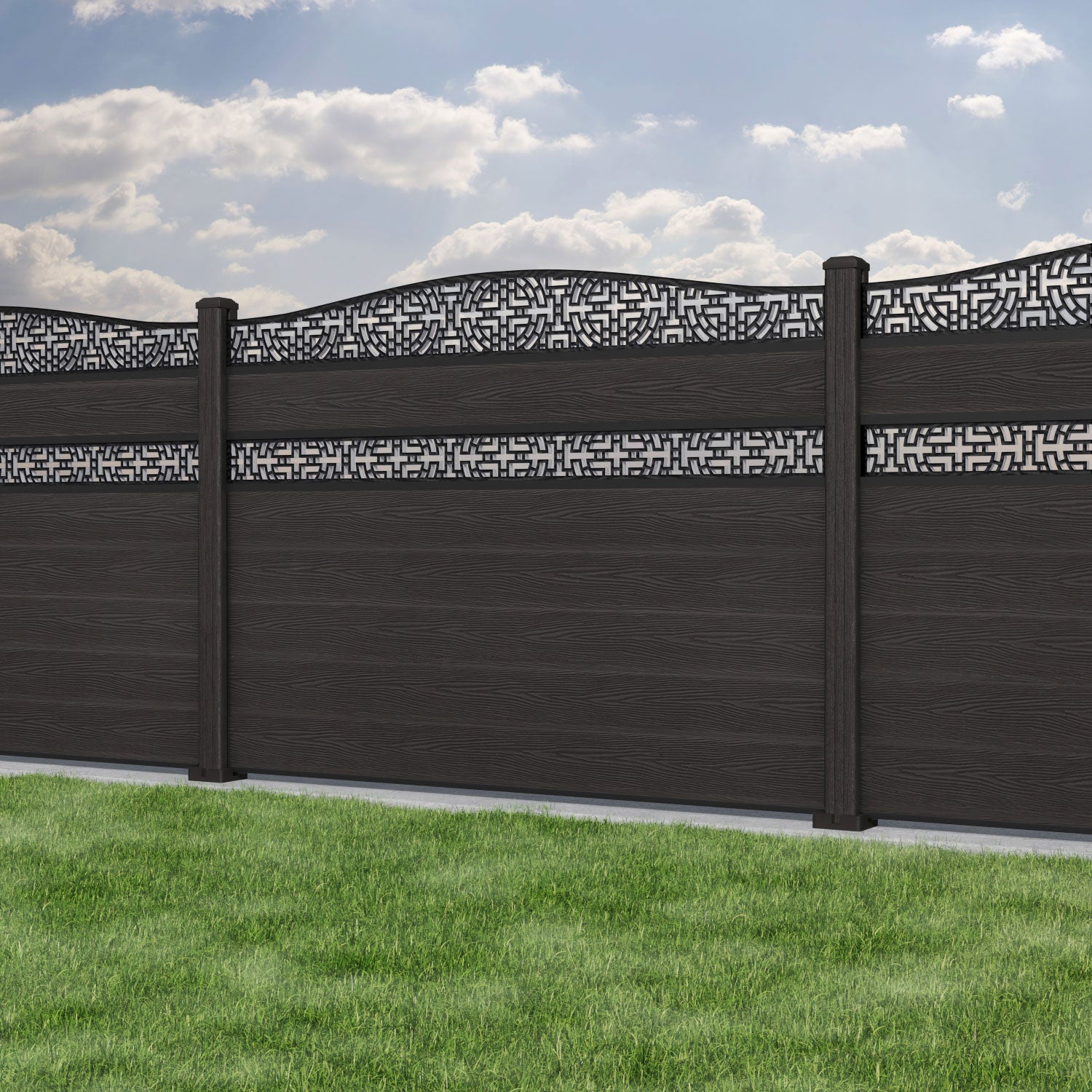 Classic Kumo Curved Top Split Screen Fence Panel - Dark Oak - with our composite posts
