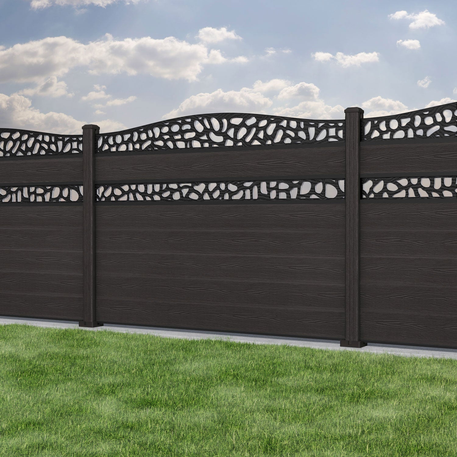 Classic Pebble Curved Top Split Screen Fence Panel - Dark Oak - with our composite posts