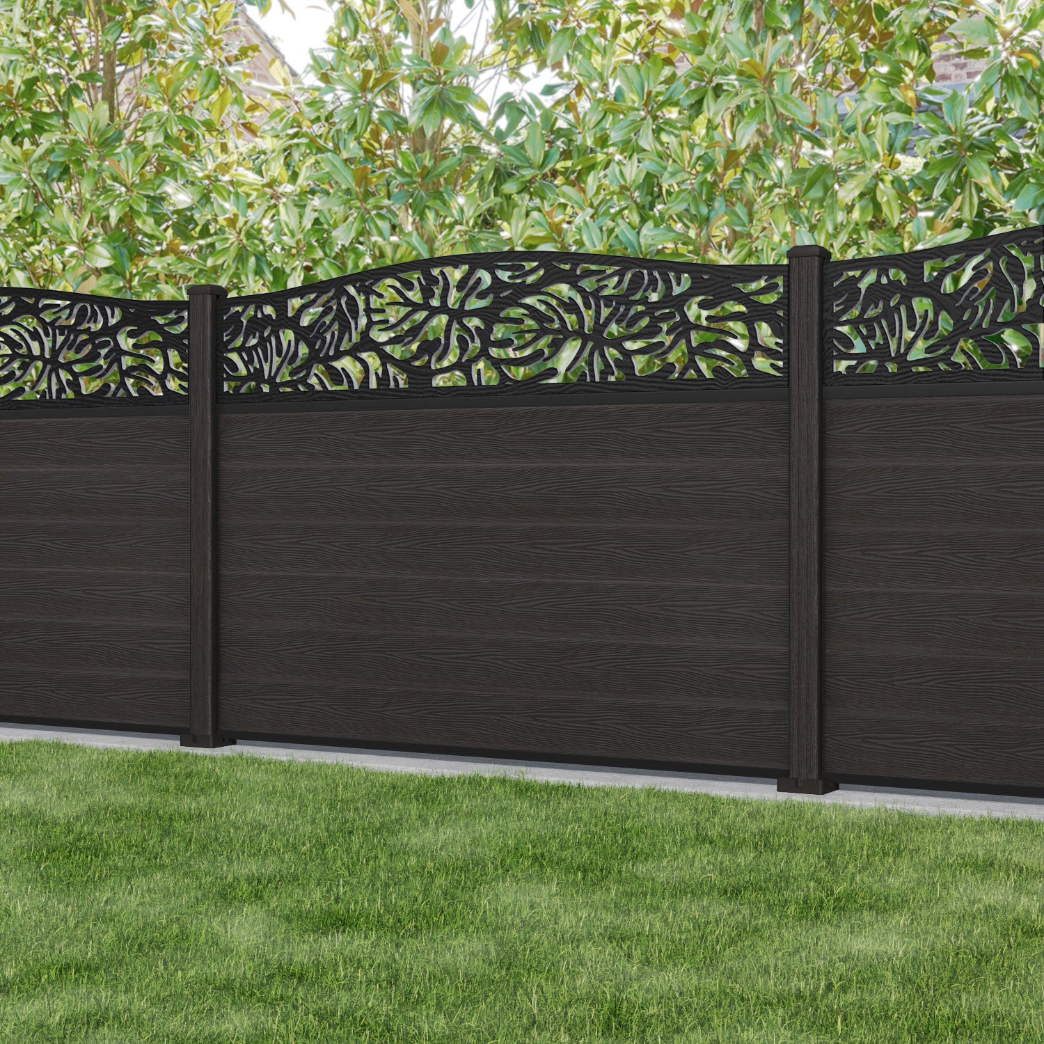 Fusion Botanic Curved Top Fence Panel - Dark Oak - with our composite posts