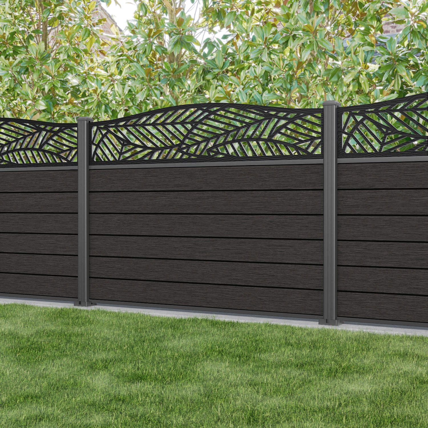 Fusion Habitat Curved Top Fence Panel - Dark Oak - with our aluminium posts