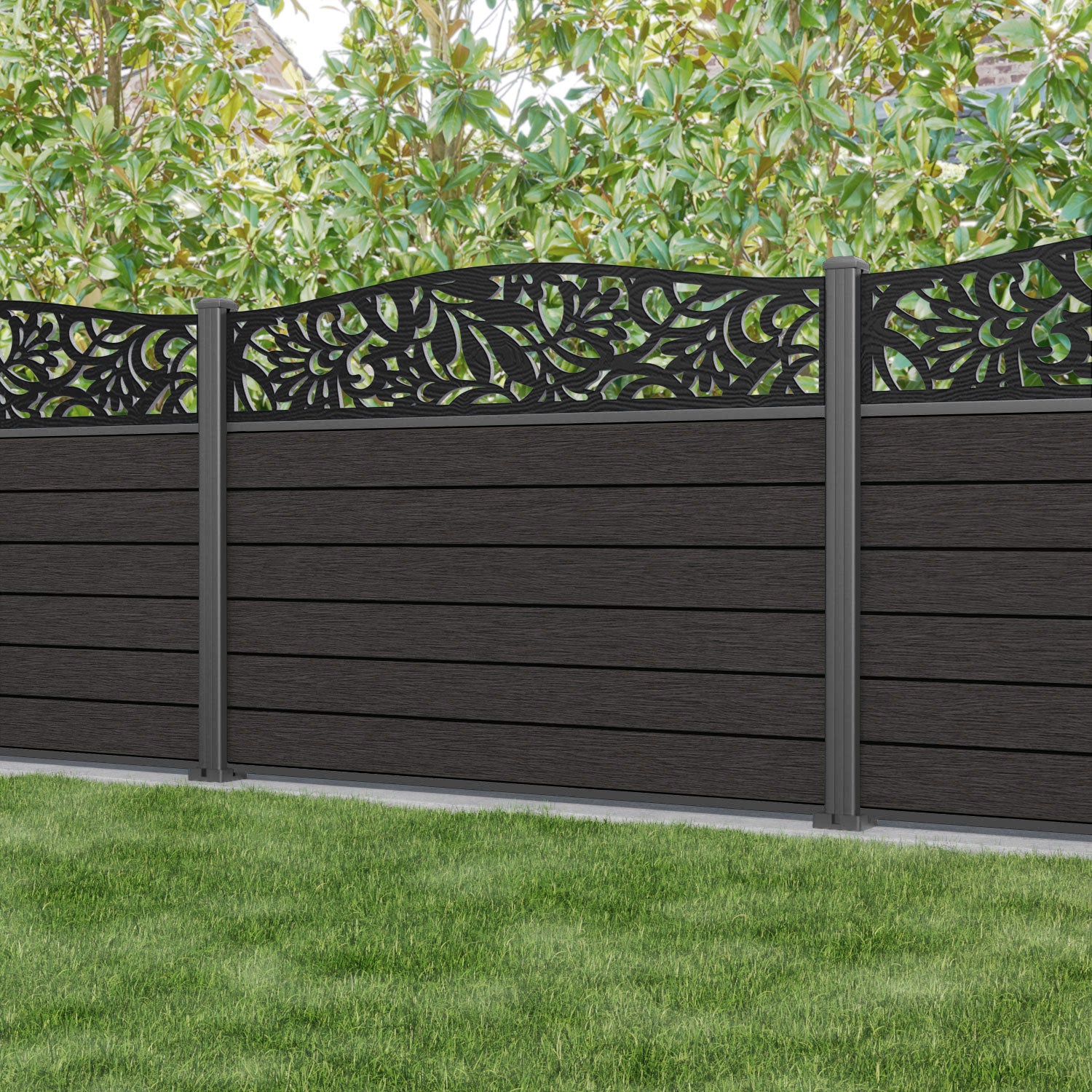 Fusion Heritage Curved Top Fence Panel - Dark Oak - with our aluminium posts