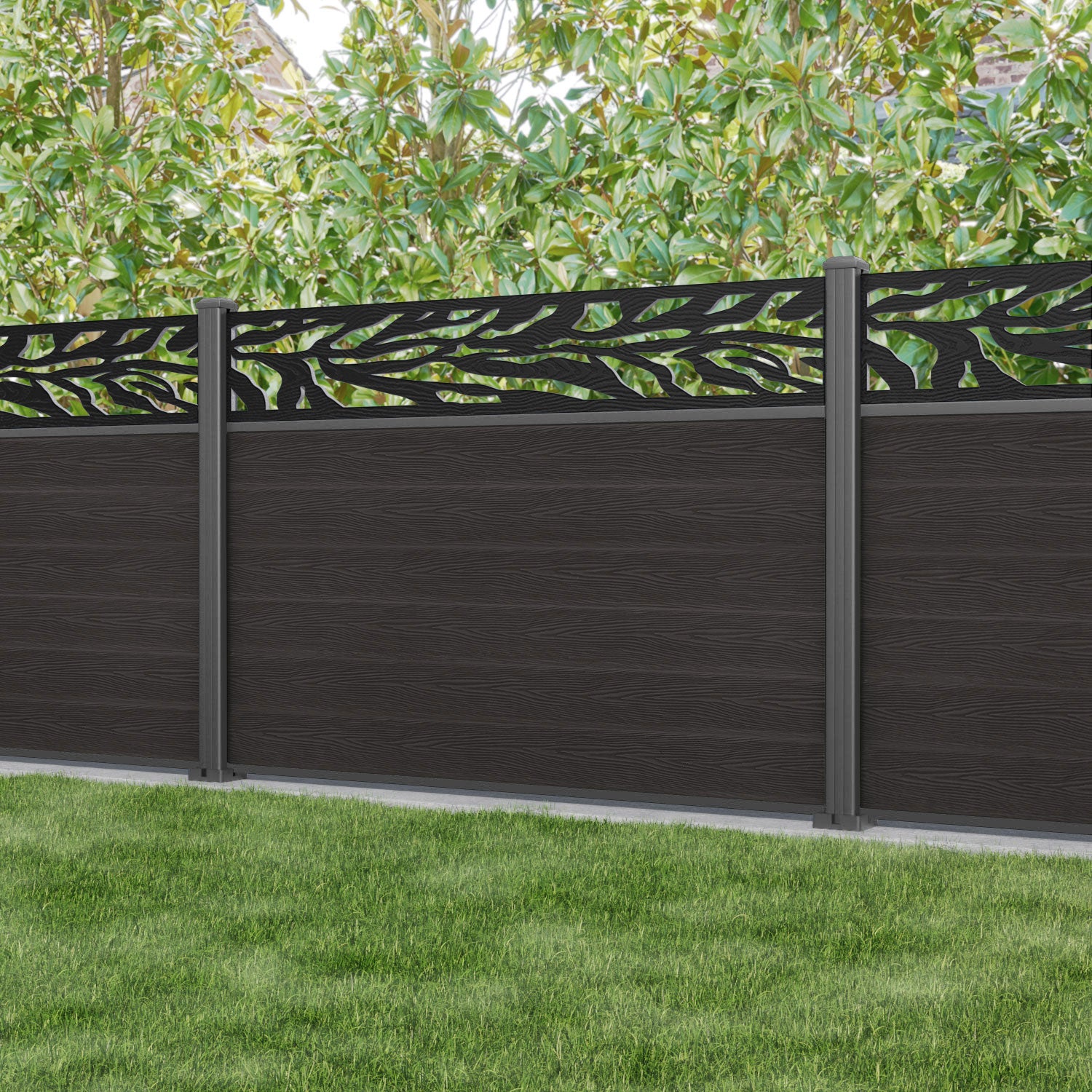 Classic Malawi Fence Panel - Dark Oak - with our aluminium posts