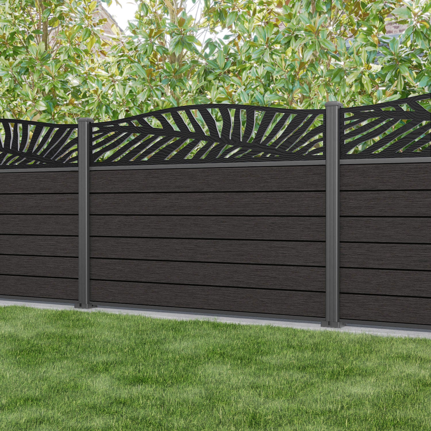Fusion Palm Curved Top Fence Panel - Dark Oak - with our aluminium posts