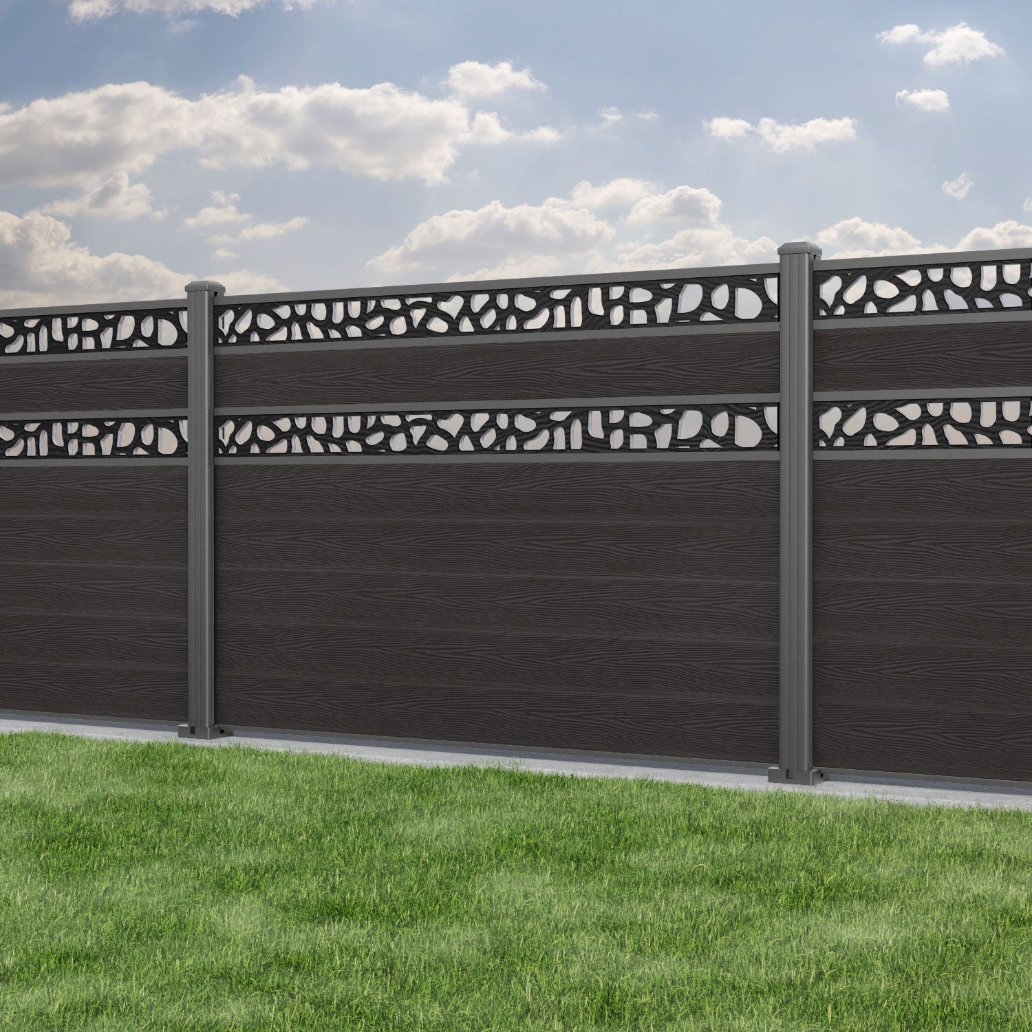 Classic Pebble Split Screen Fence Panel - Dark Oak - with our aluminium posts