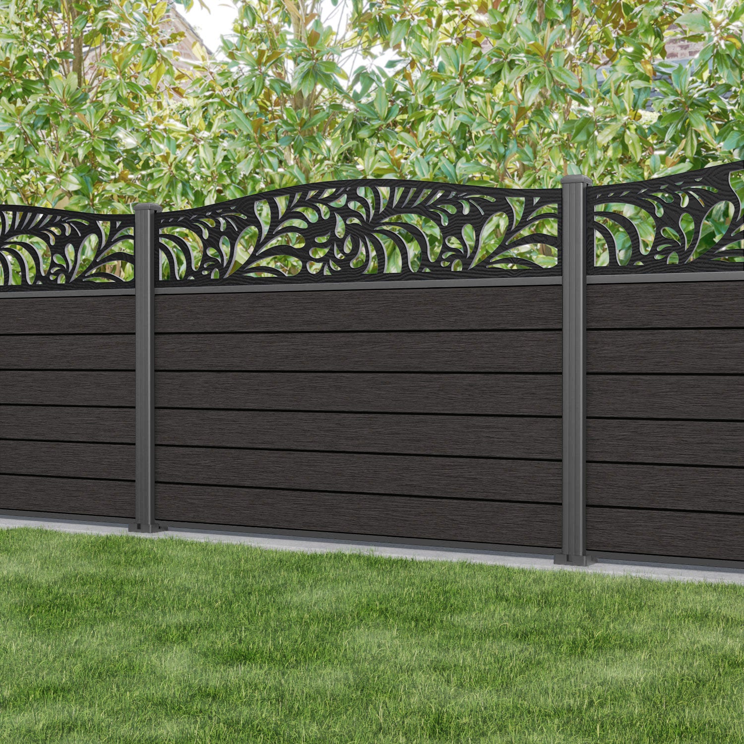Fusion Pebble Curved Top Fence Panel - Dark Oak - with our aluminium posts