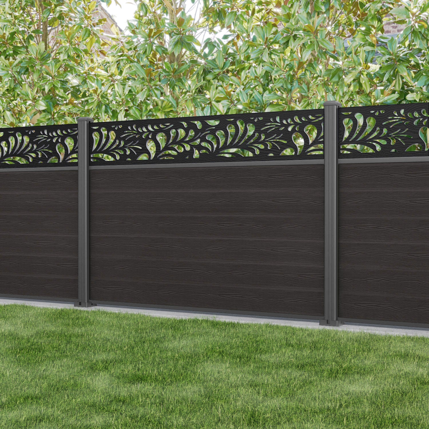 Classic Petal Fence Panel - Dark Oak - with our aluminium posts