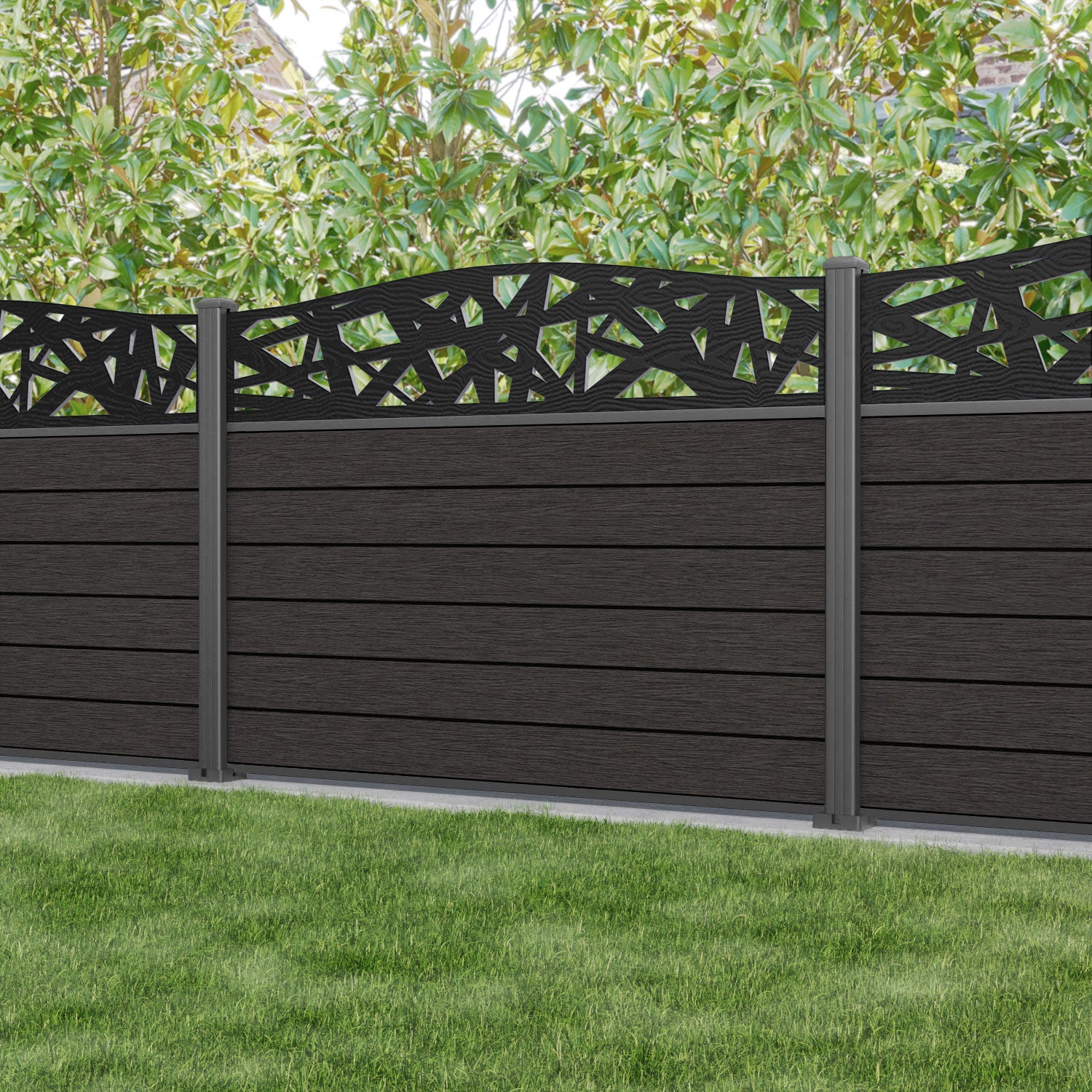 Fusion Prism Curved Top Fence Panel - Dark Oak - with our aluminium posts