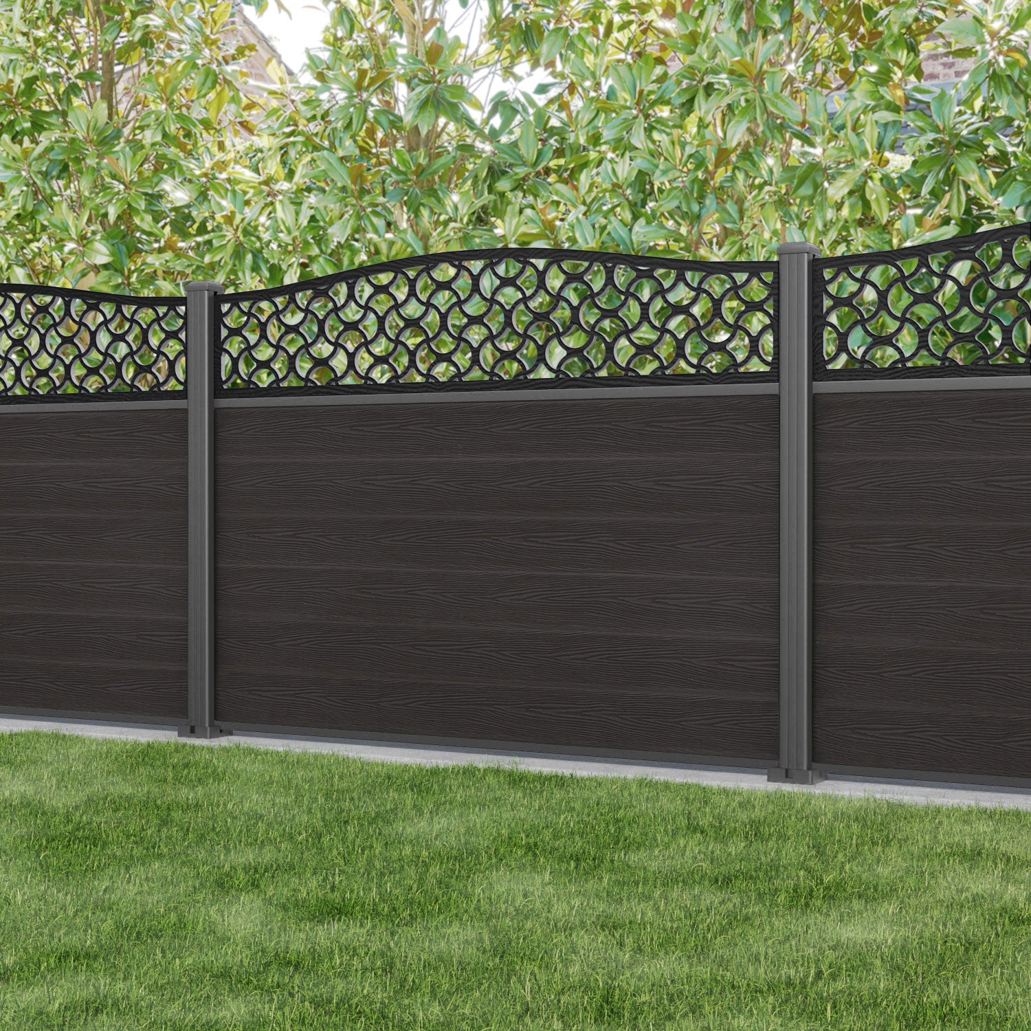 Fusion Vida Curved Top Fence Panel - Dark Oak - with our aluminium posts