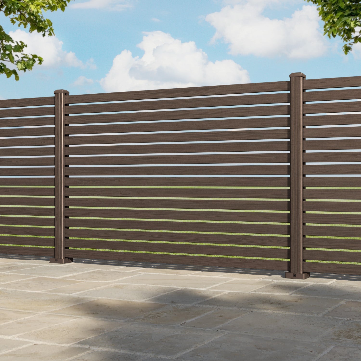 Aria Aluminium Fence Panel - Dark Oak - with our aluminium posts