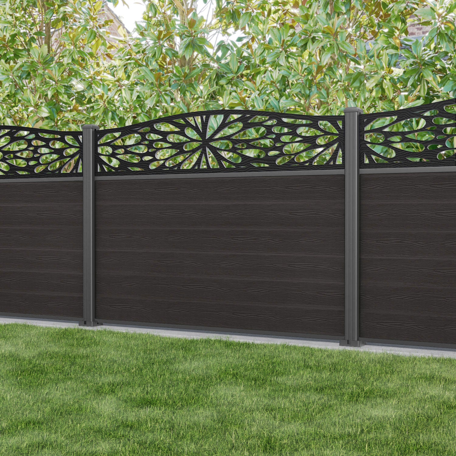 Classic Blossom Curved Top Fence Panel - Dark Oak - with our aluminium posts