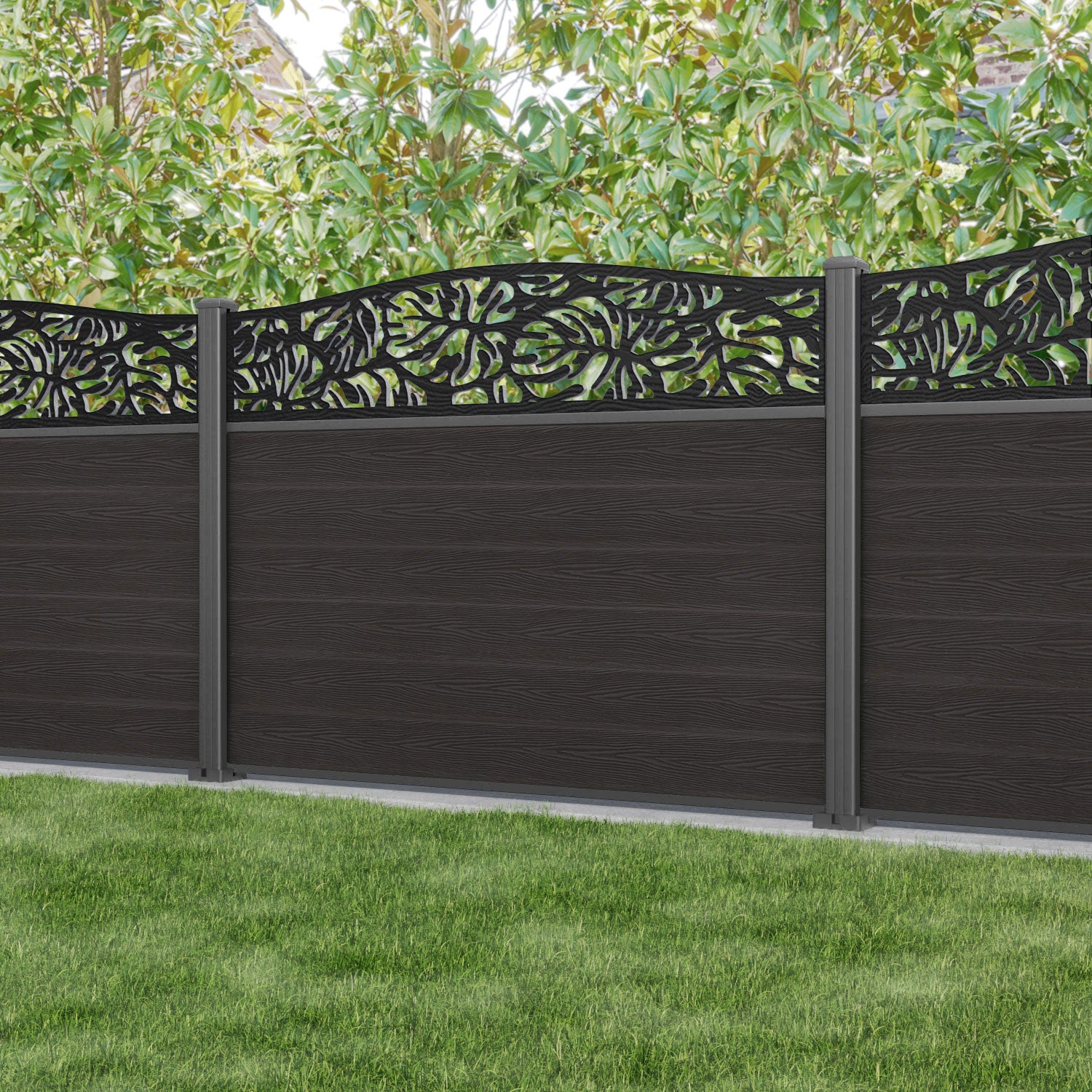 Classic Botanic Curved Top Fence Panel - Dark Oak - with our aluminium posts