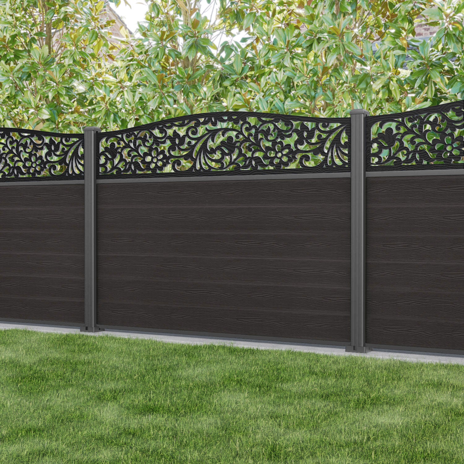 Classic Eden Curved Top Fence Panel - Dark Oak - with our aluminium posts