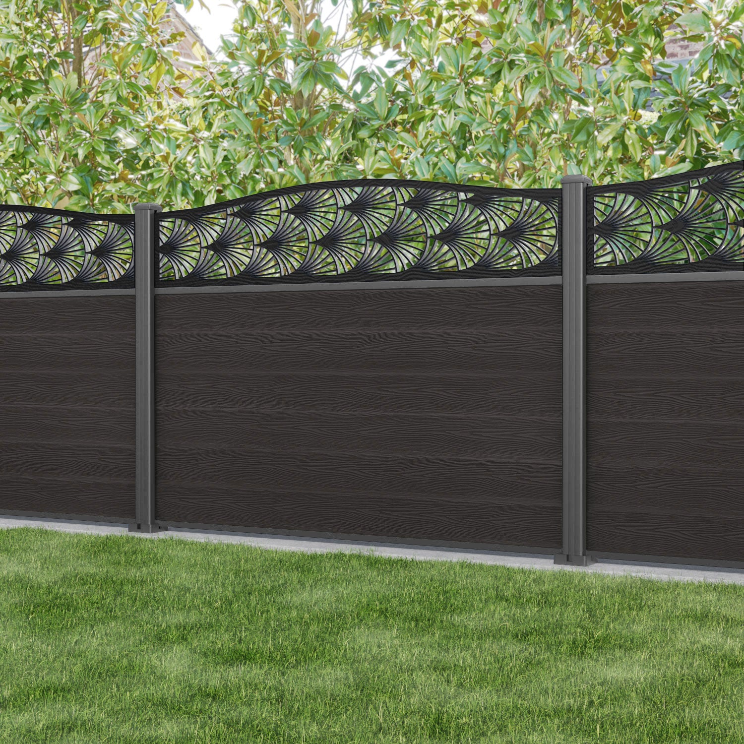 Classic Laurel Curved Top Fence Panel - Dark Oak - with our aluminium posts