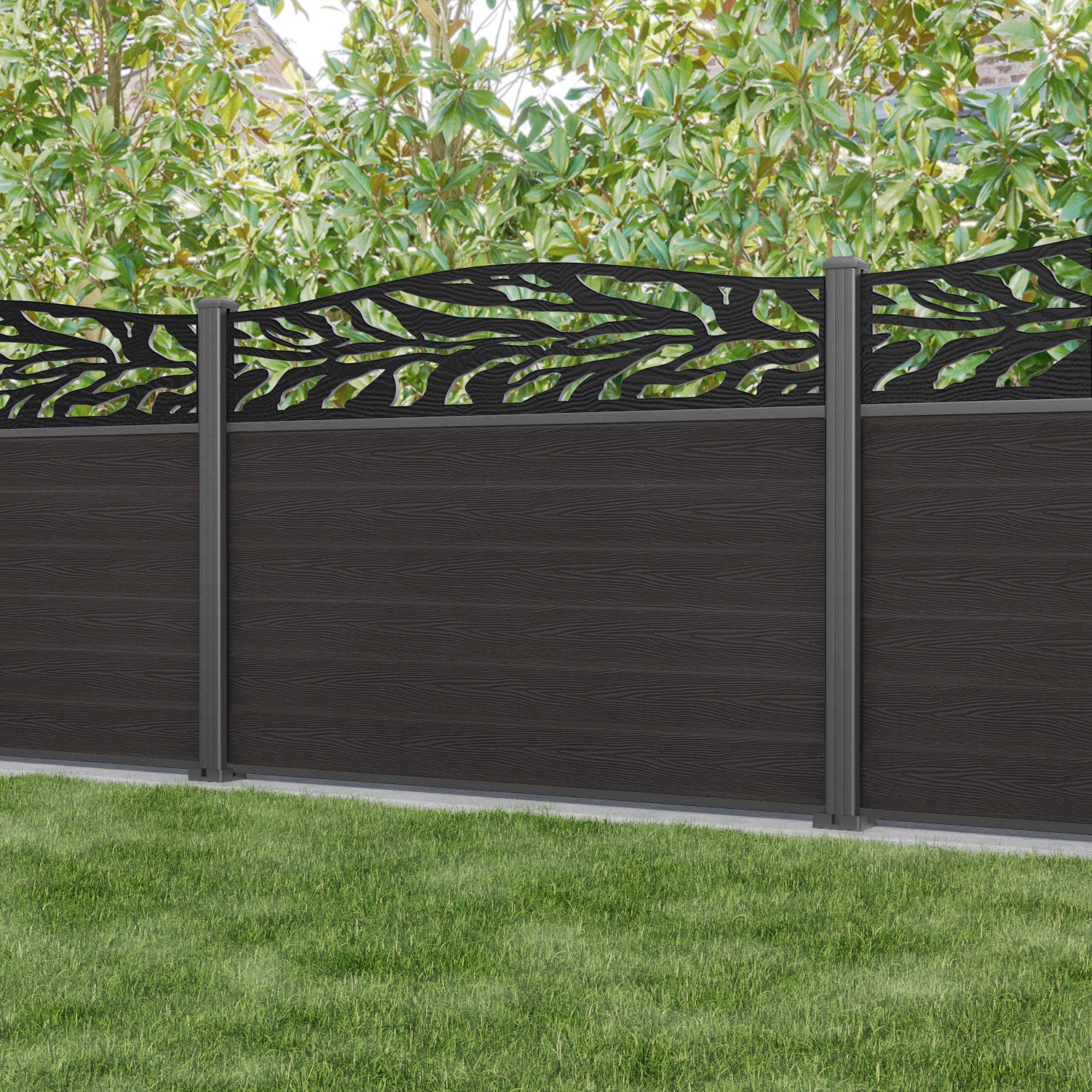 Classic Malawi Curved Top Fence Panel - Dark Oak - with our aluminium posts