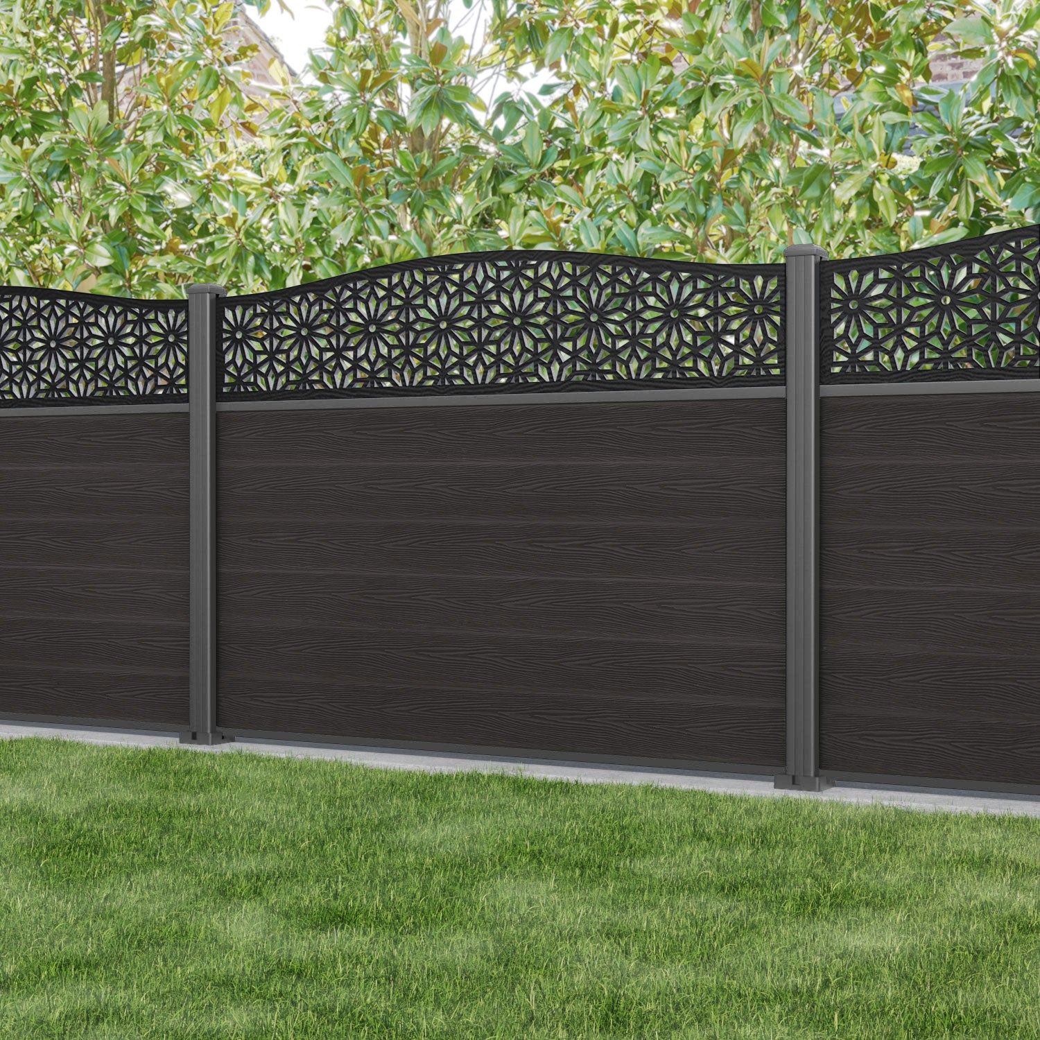 Classic Narwa Curved Top Fence Panel - Dark Oak - with our aluminium posts