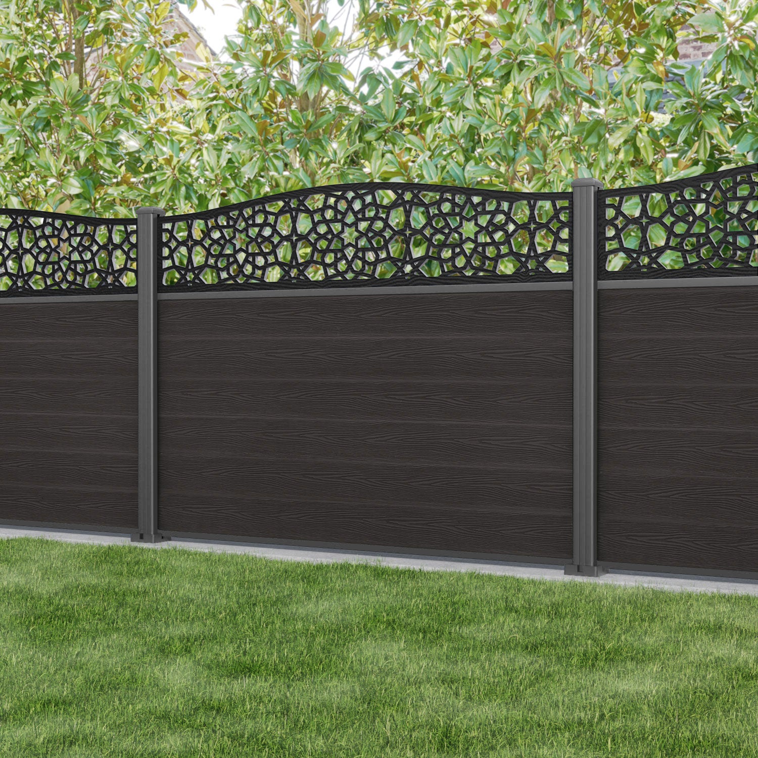 Classic Nazira Curved Top Fence Panel - Dark Oak - with our aluminium posts