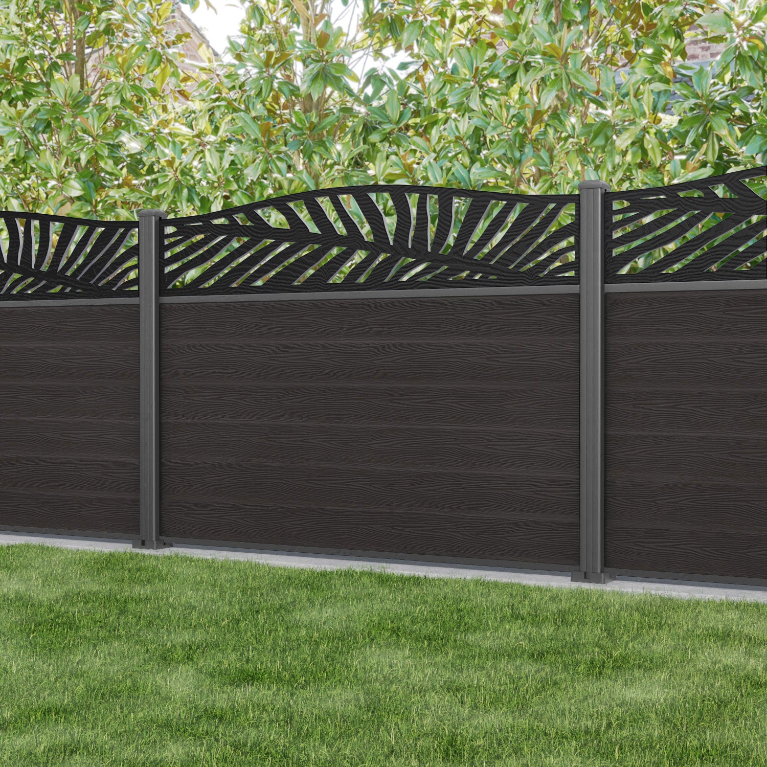 Classic Palm Curved Top Fence Panel - Dark Oak - with our aluminium posts