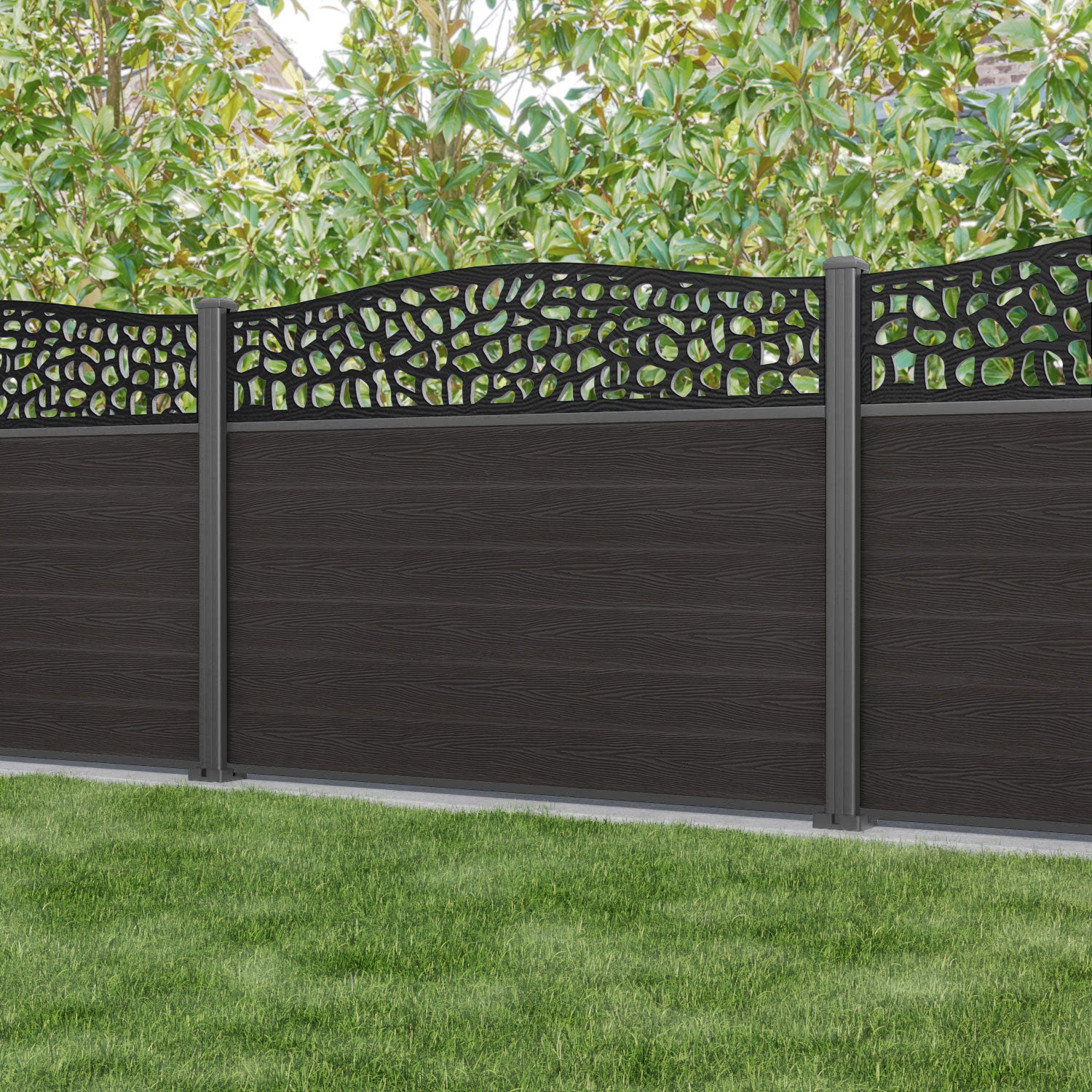 Classic Pebble Curved Top Fence Panel - Dark Oak - with our aluminium posts